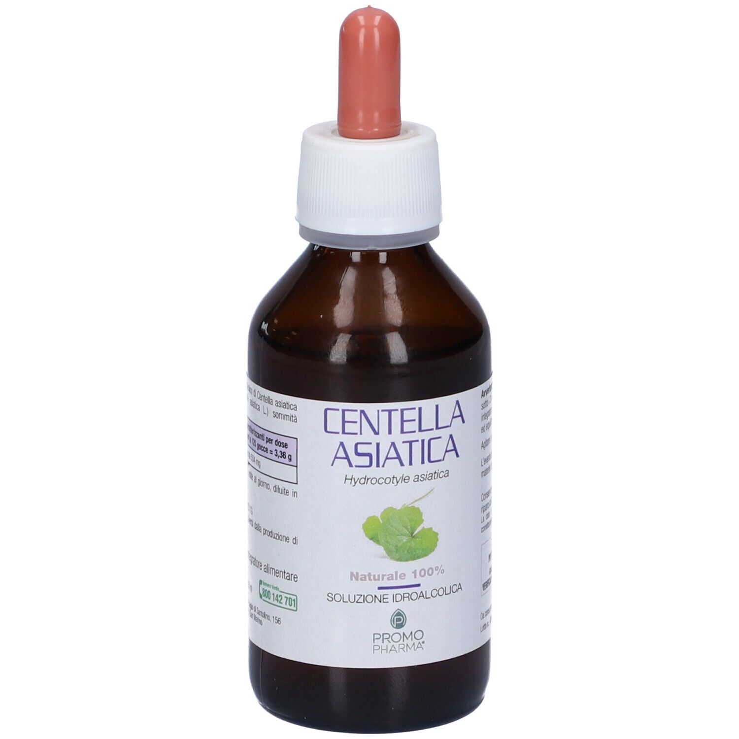Flacone di vetro marrone con contagocce. Scritta: Centella Asiatica, Hydrocotyle asiatica, Soluzione Idroalcolica.