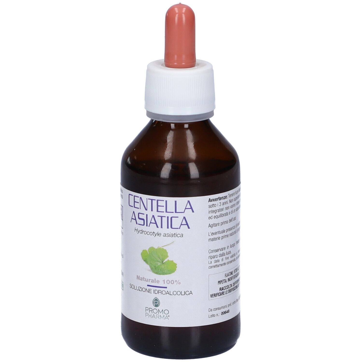 Flacone di vetro marrone con contagocce. Scritta: Centella Asiatica, Hydrocotyle asiatica, Soluzione Idroalcolica.