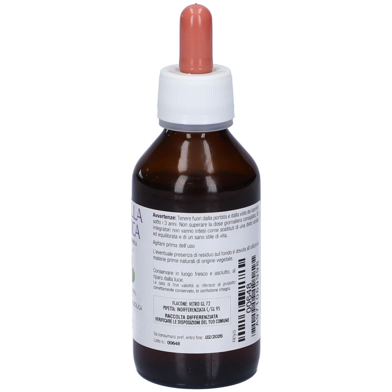 Flacone di vetro marrone con contagocce. Etichetta con testo e codice a barre. 100 ml. Integratore alimentare.