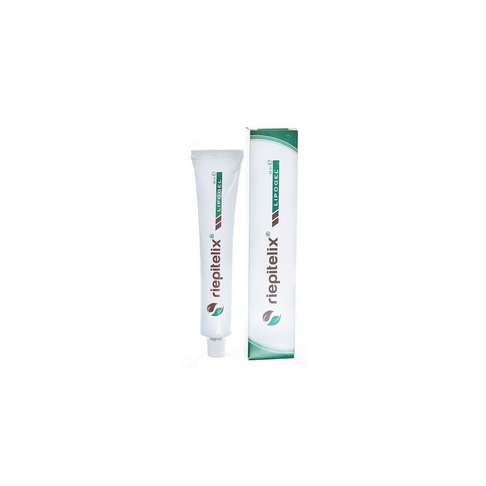 Tubo e scatola con stampa del prodotto. Scritta: riepitelix, LIPOGEL. Colori verde e bianco.