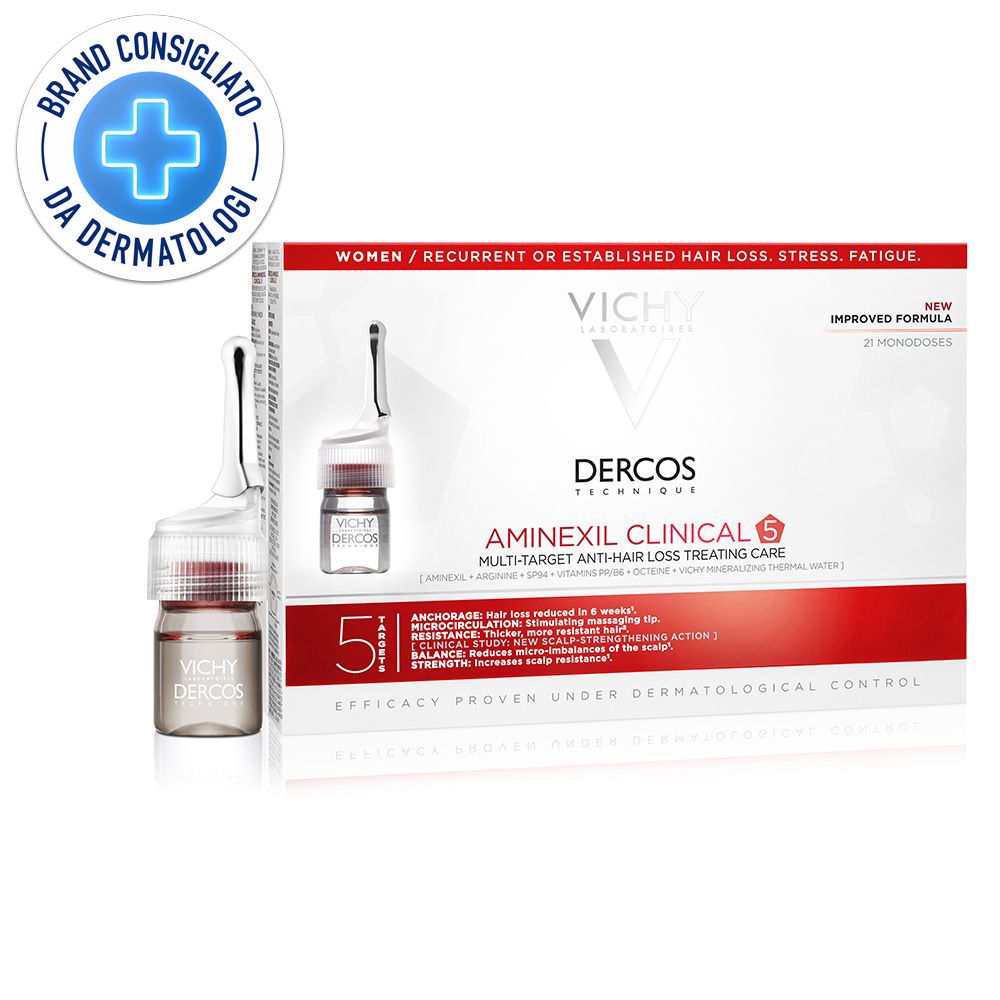 Confezione di fiale. Scritta: VICHY Dercos, Aminexil Clinical 5. Logo "Brand Consigliato da Dermatologi".