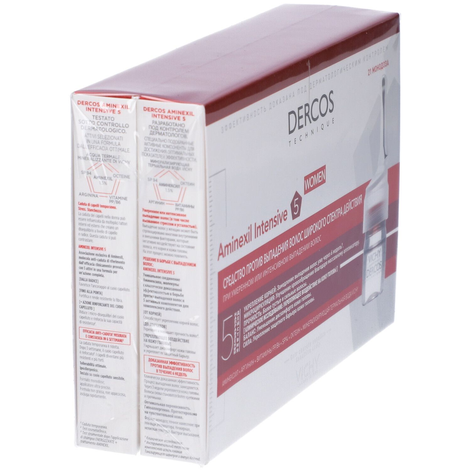 Confezione di fiale. Scritta: Dercos, Aminexil Intensive 5, WOMEN. 21 flaconi monodose. Elementi rossi e bianchi.