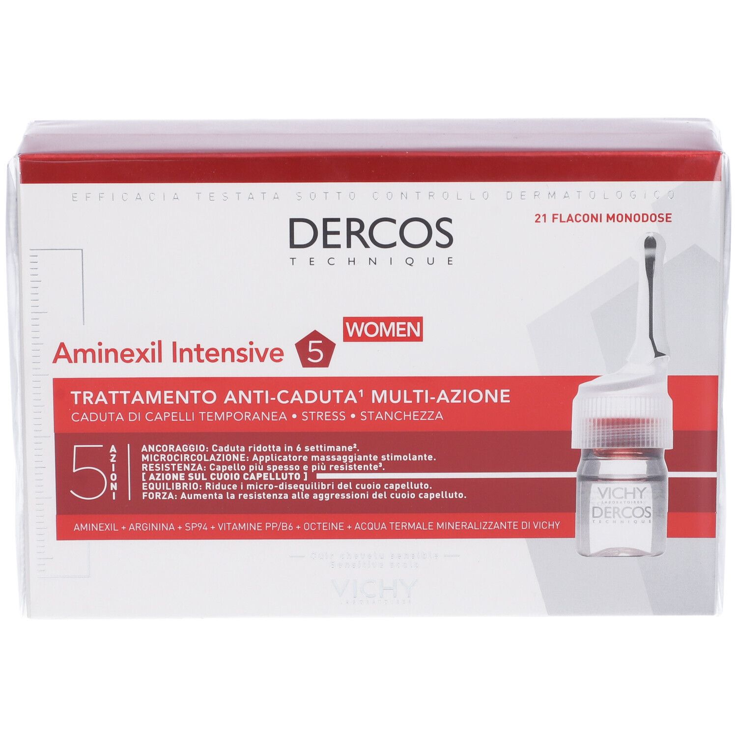 Confezione di fiale. Scritta: Dercos, Aminexil Intensive 5, WOMEN. 21 flaconi monodose. Elementi rossi e bianchi.