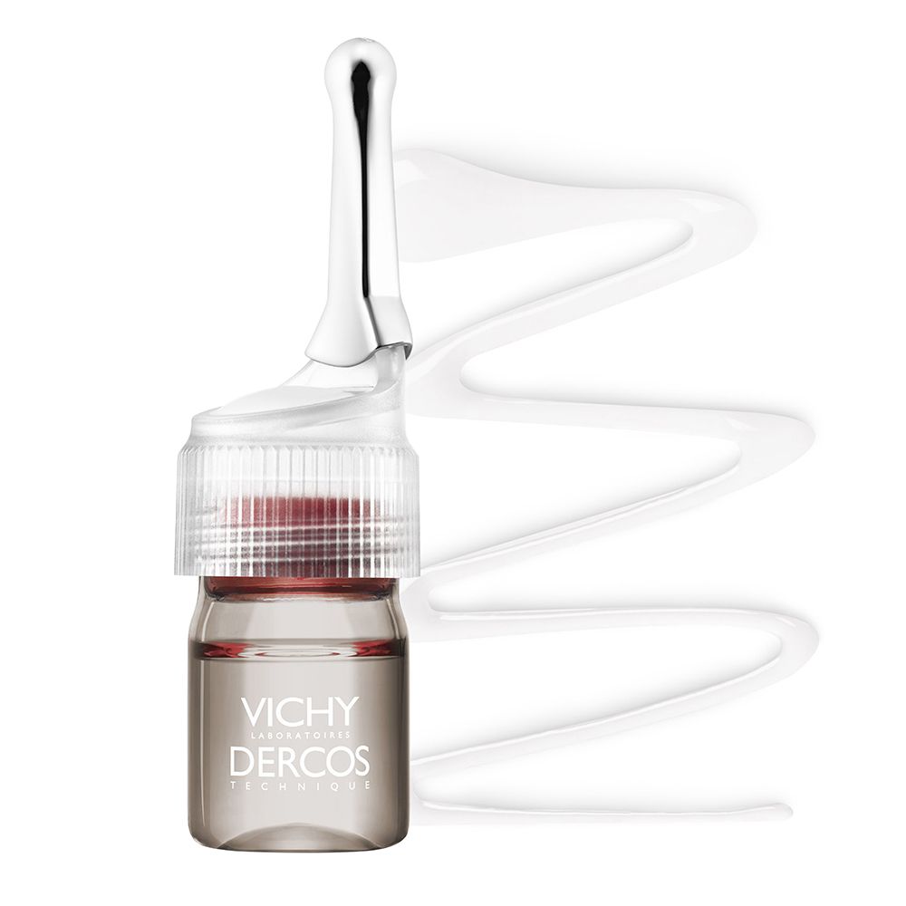 Fiala singola con applicatore. Scritta: VICHY Dercos. Liquido trasparente. Applicatore bianco.