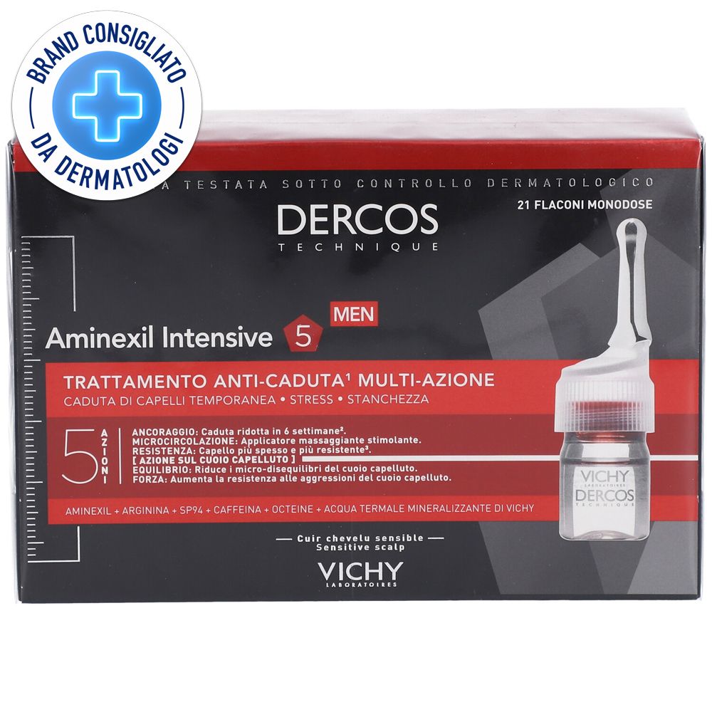 Confezione con flaconcino. Scritta: Dercos Technique, Aminexil Intensive 5. Con sigillo "Brand Consigliato da Dermatologi".