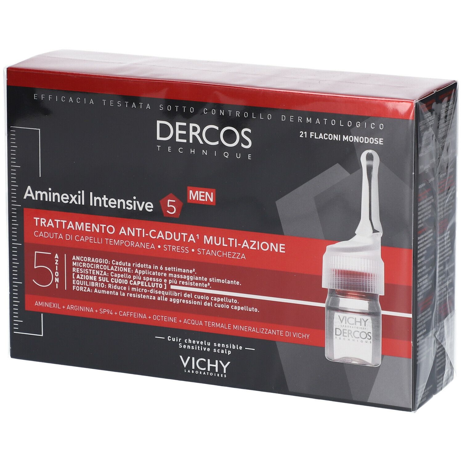 Confezione con flaconcino. Scritta: Dercos Technique, Aminexil Intensive 5. 21 flaconi.