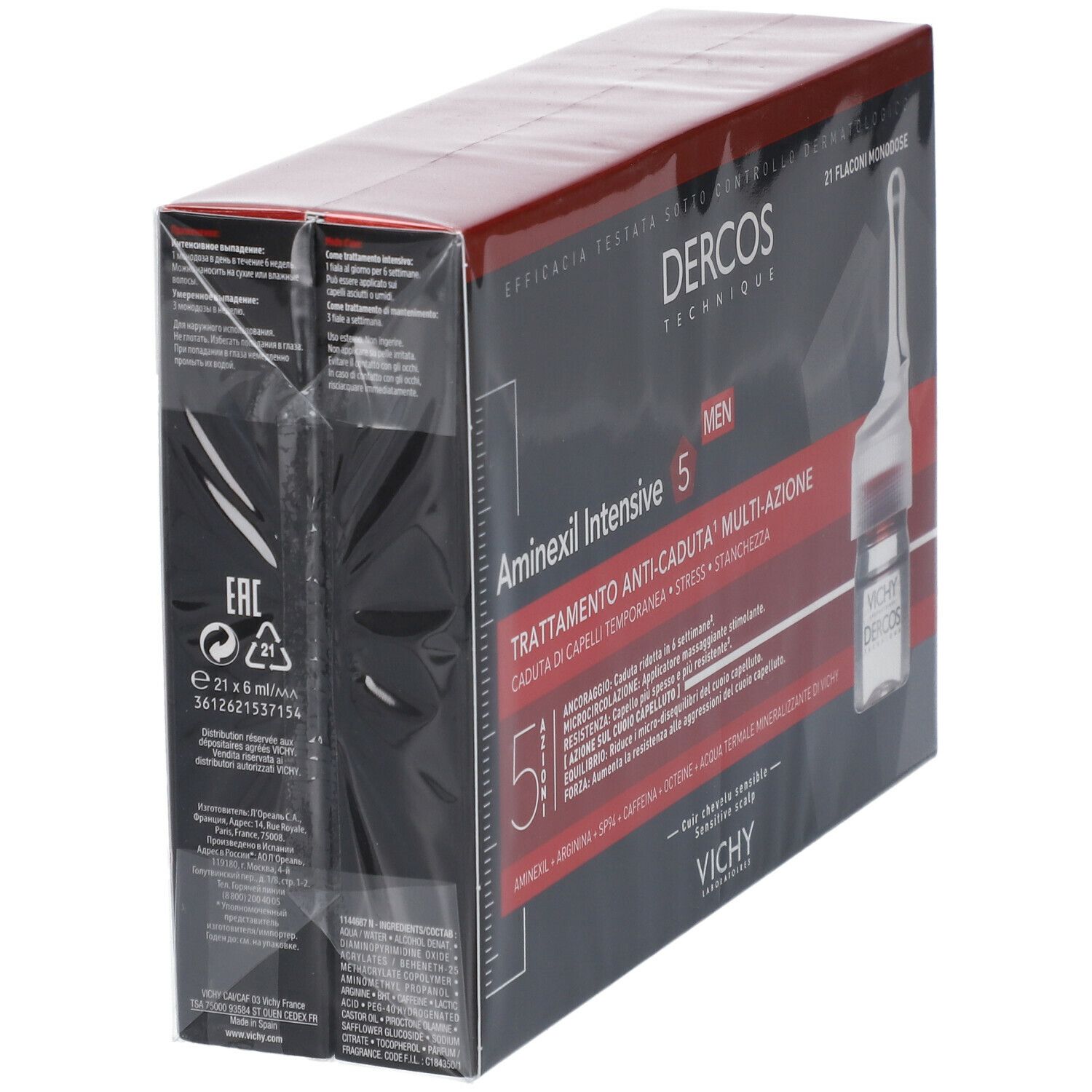 Due confezioni affiancate. Scritta: Dercos Technique, Aminexil Intensive 5. 21 flaconi.