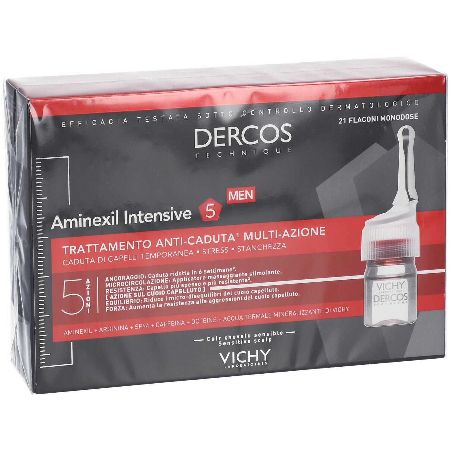 Confezione con flaconcino. Scritta: Dercos Technique, Aminexil Intensive 5. 21 flaconi.