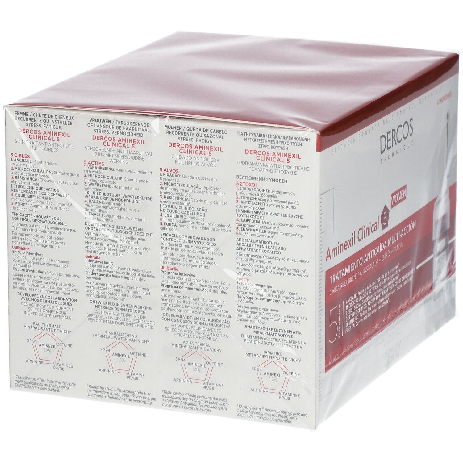 Rückseite der Verpackung von VICHY DERCOS Aminexil Clinical 5 Women.