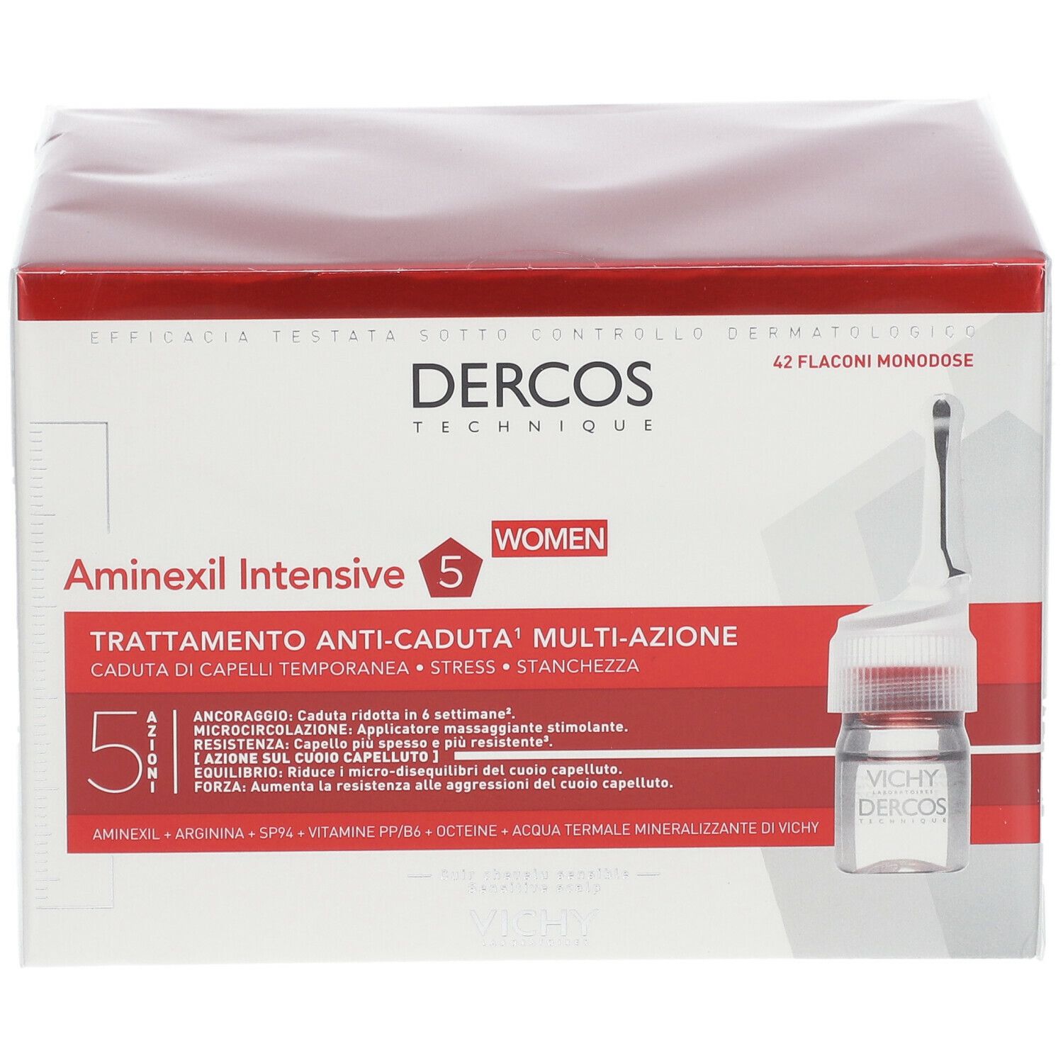 Verpackung von VICHY DERCOS Aminexil Intensive 5 Women. Enthält Ampullen.