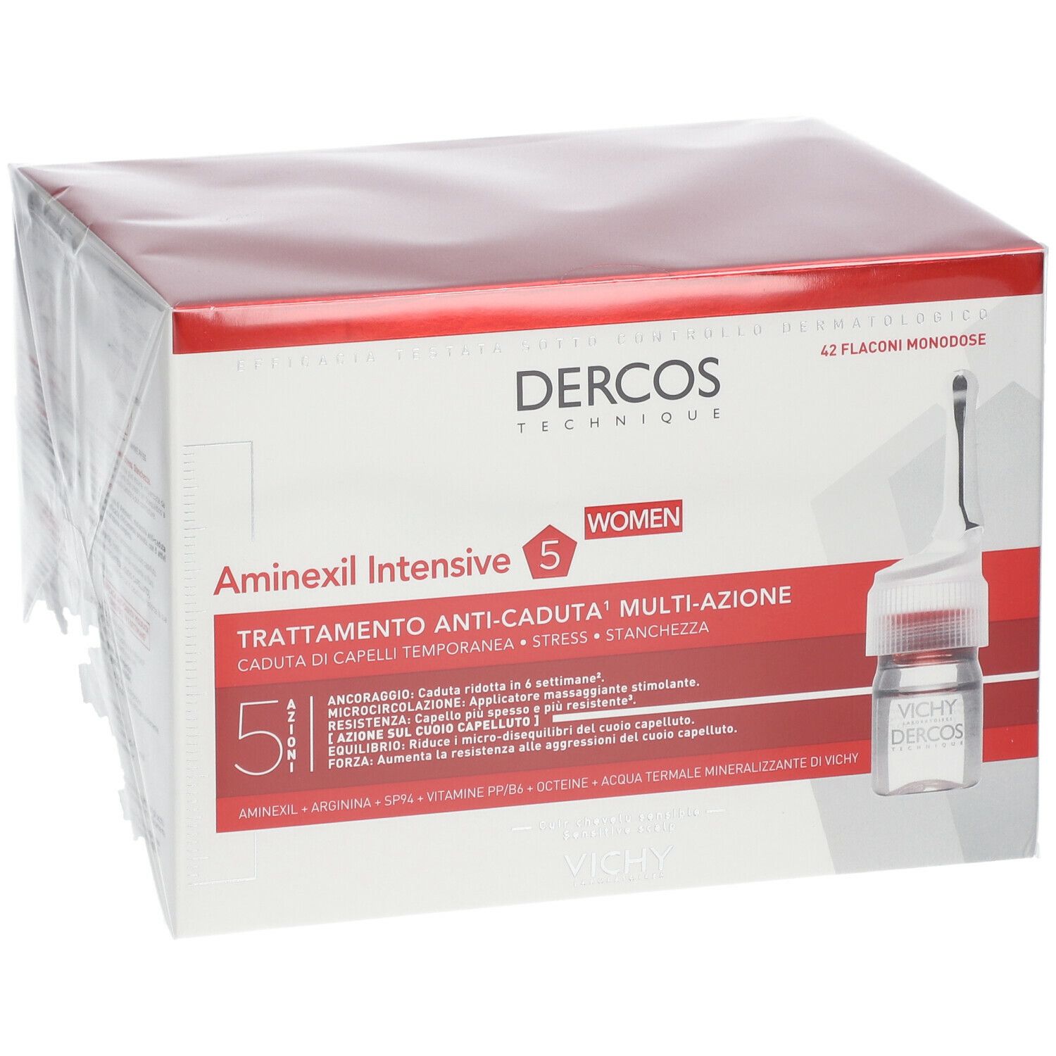 Verpackung von VICHY DERCOS Aminexil Intensive 5 Women. Enthält Ampullen.