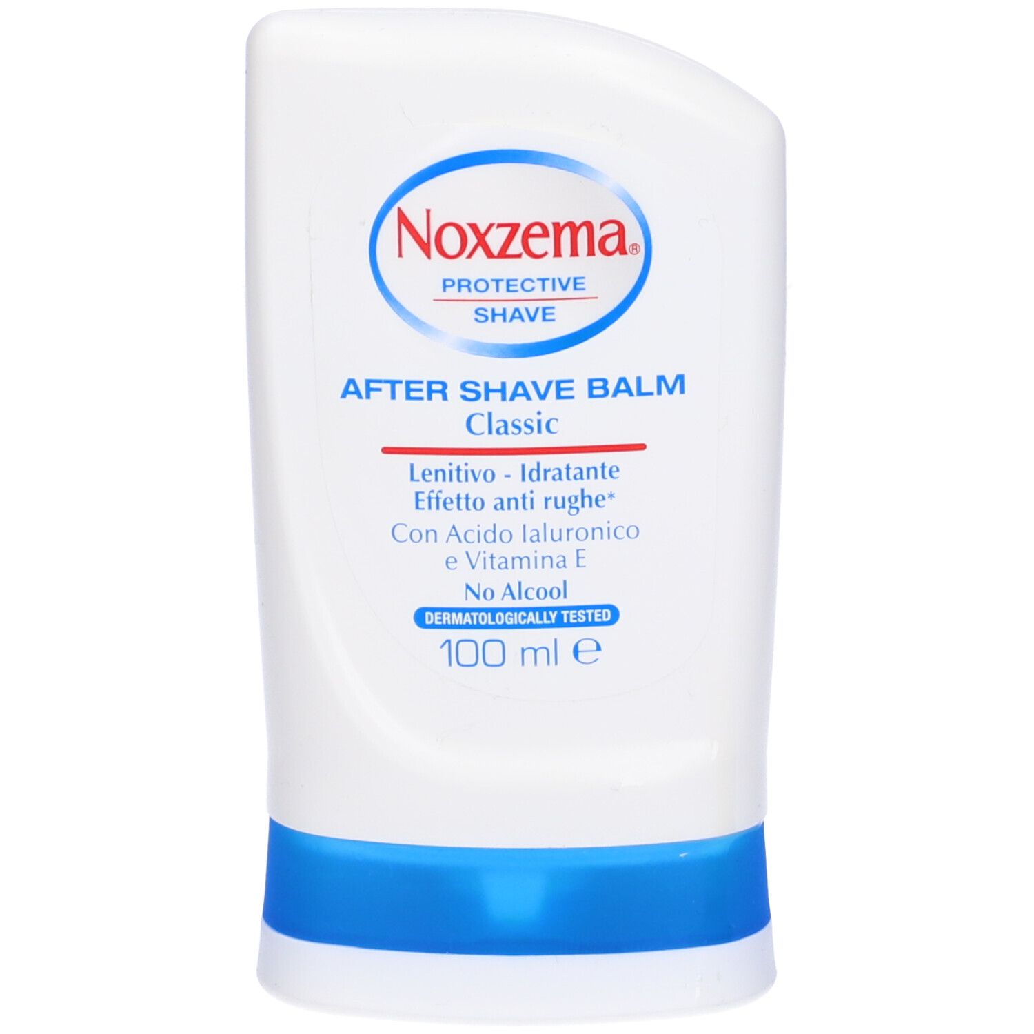 Flacone bianco. Scritta: Noxzema After Shave Balm Classic. Dettagli blu. Dermatologicamente testato.