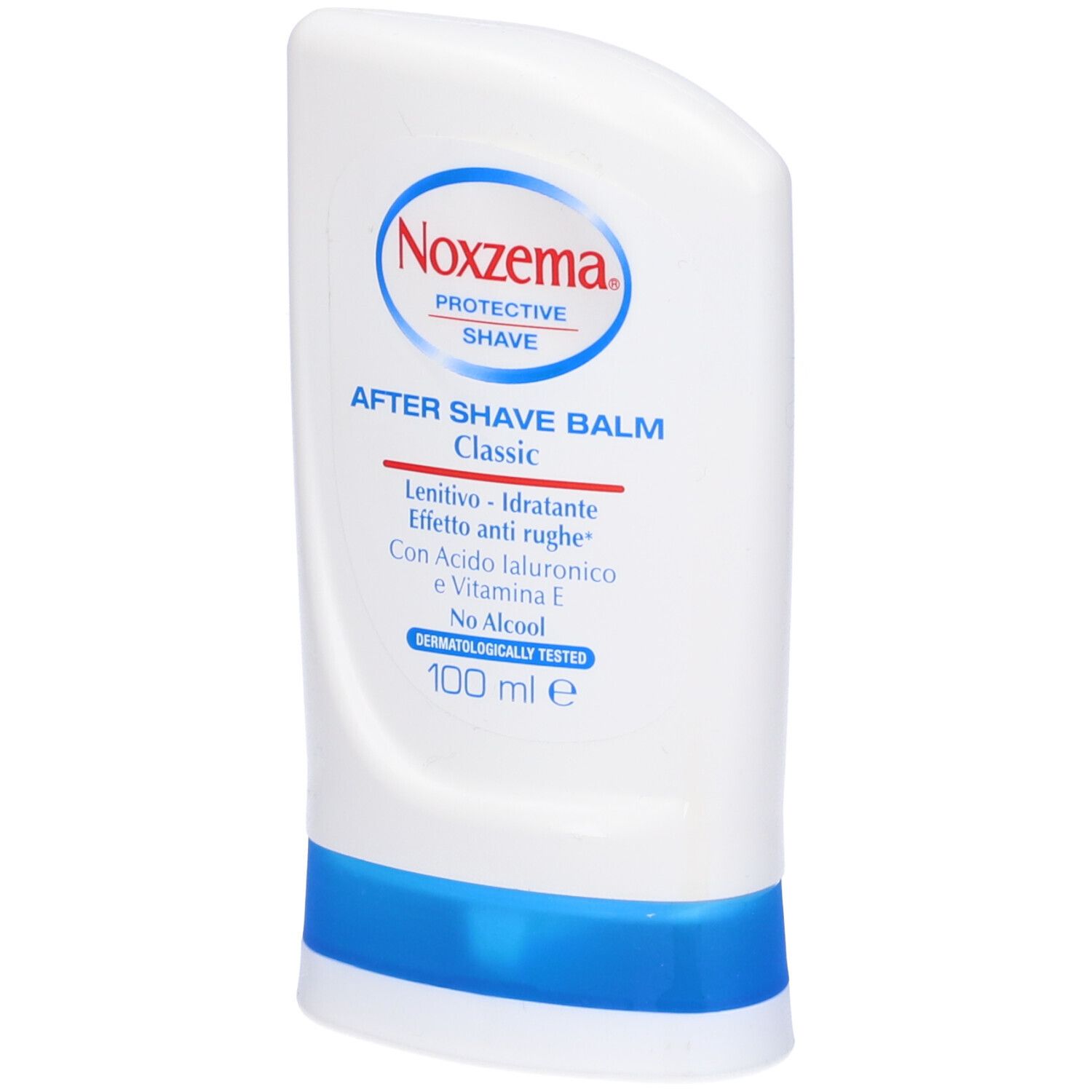Flacone bianco. Scritta: Noxzema After Shave Balm Classic. Dettagli blu. Dermatologicamente testato.