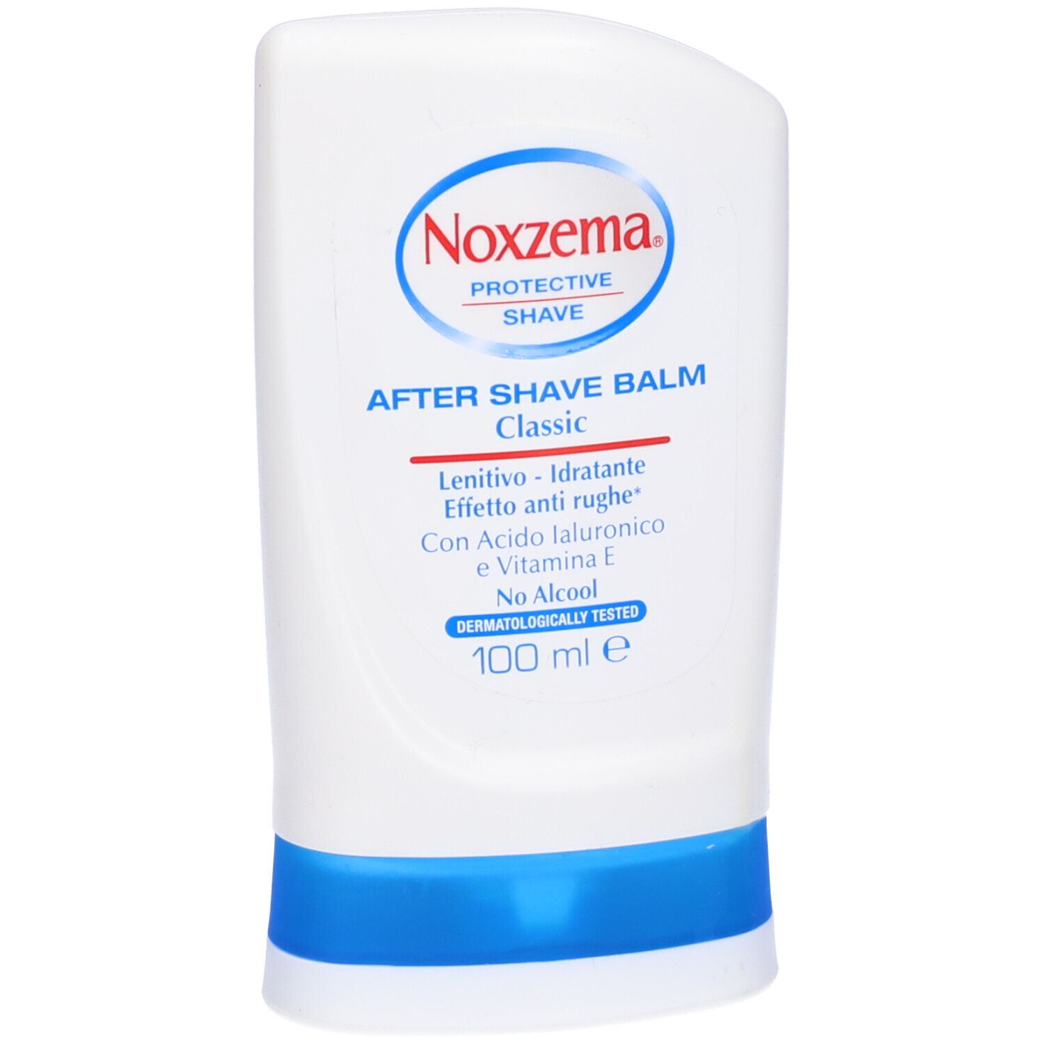 Flacone bianco. Scritta: Noxzema After Shave Balm Classic. Dettagli blu. Dermatologicamente testato.