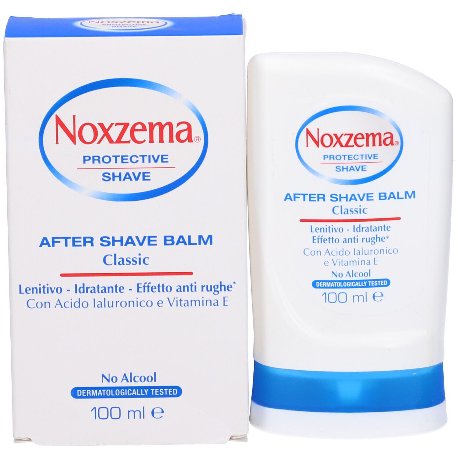 Flacone e scatola bianchi. Scritta: Noxzema After Shave Balm Classic. Dettagli blu. Dermatologicamente testato.