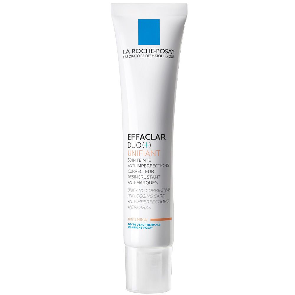 Tubo bianco La Roche-Posay Effaclar Duo(+) Unifiant. Marchio blu. Testo: Anti-imperfezioni, trattamento opacizzante.