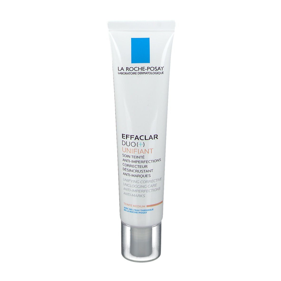 Tubo bianco La Roche-Posay Effaclar Duo(+) Unifiant. Marchio blu. Testo: Anti-imperfezioni, trattamento colorato.