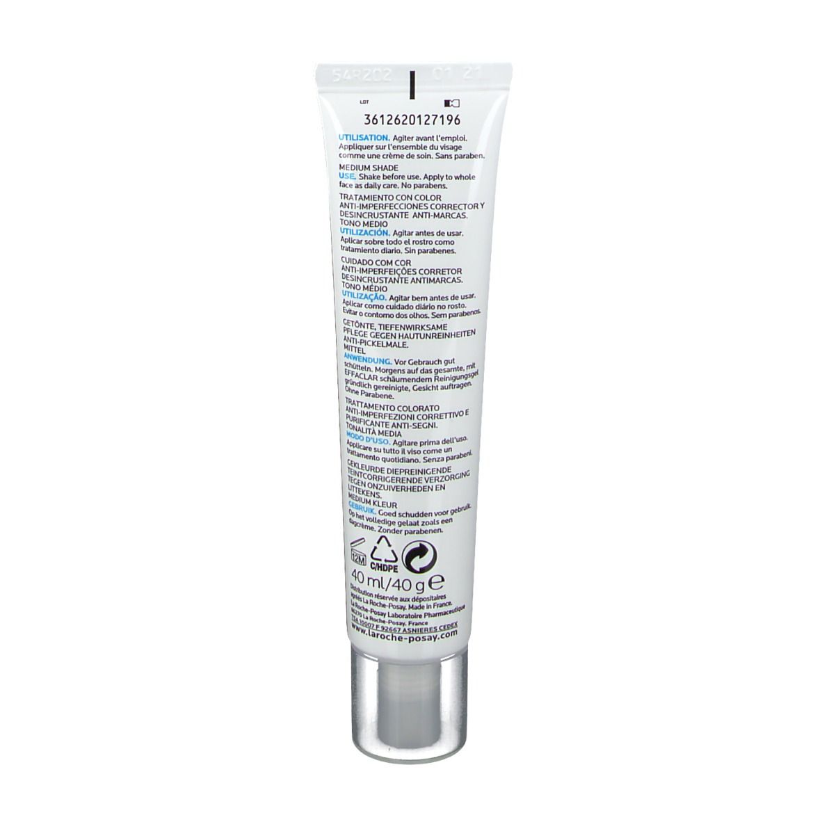 Retro del tubo La Roche-Posay Effaclar Duo(+) Unifiant. Testo: Utilizzo, ingredienti, 40 ml.