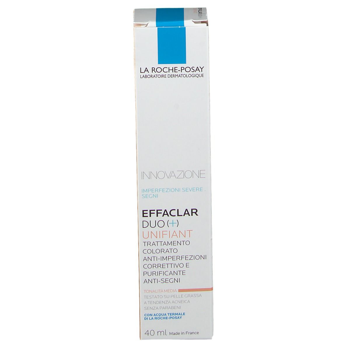 Confezione La Roche-Posay Effaclar Duo(+) Unifiant. Marchio blu. Testo: Anti-imperfezioni, 40 ml.