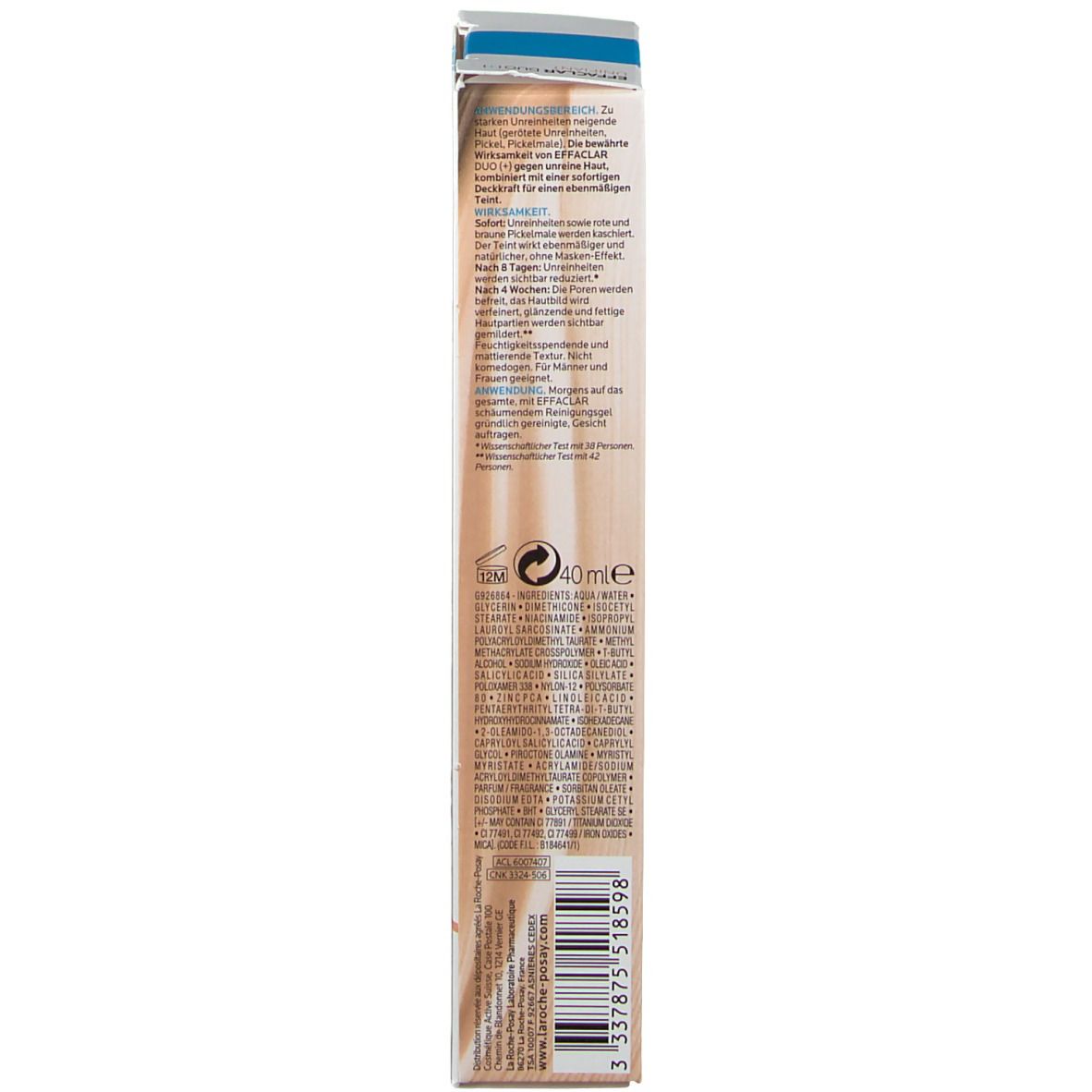 Retro della confezione La Roche-Posay Effaclar Duo(+) Unifiant. Testo: Ingredienti, utilizzo, 40 ml.