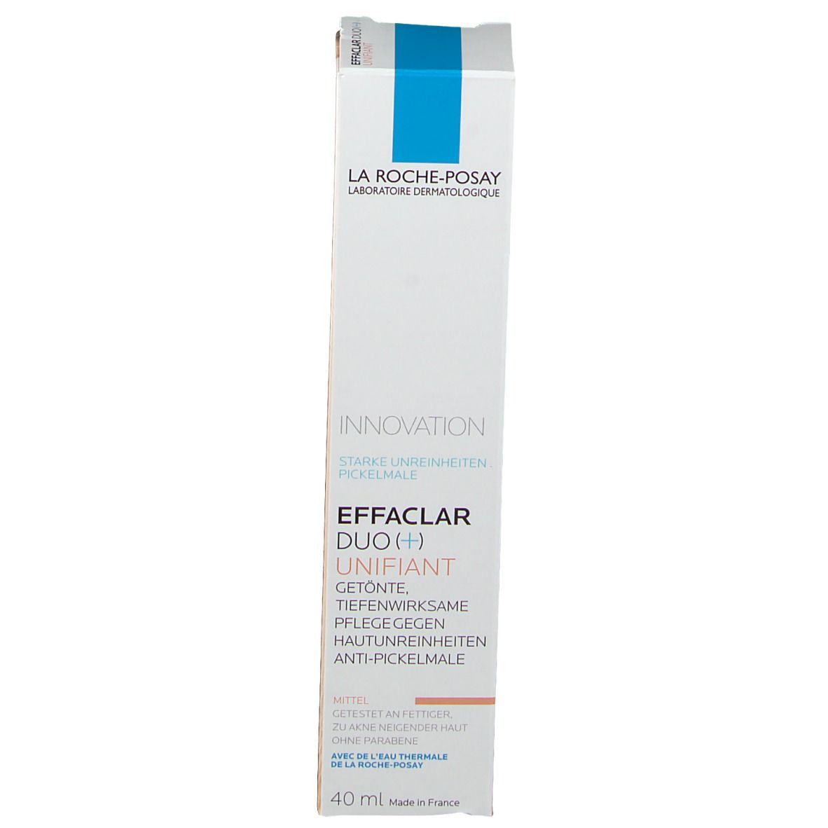 Confezione La Roche-Posay Effaclar Duo(+) Unifiant. Marchio blu. Testo: Anti-imperfezioni, 40 ml.