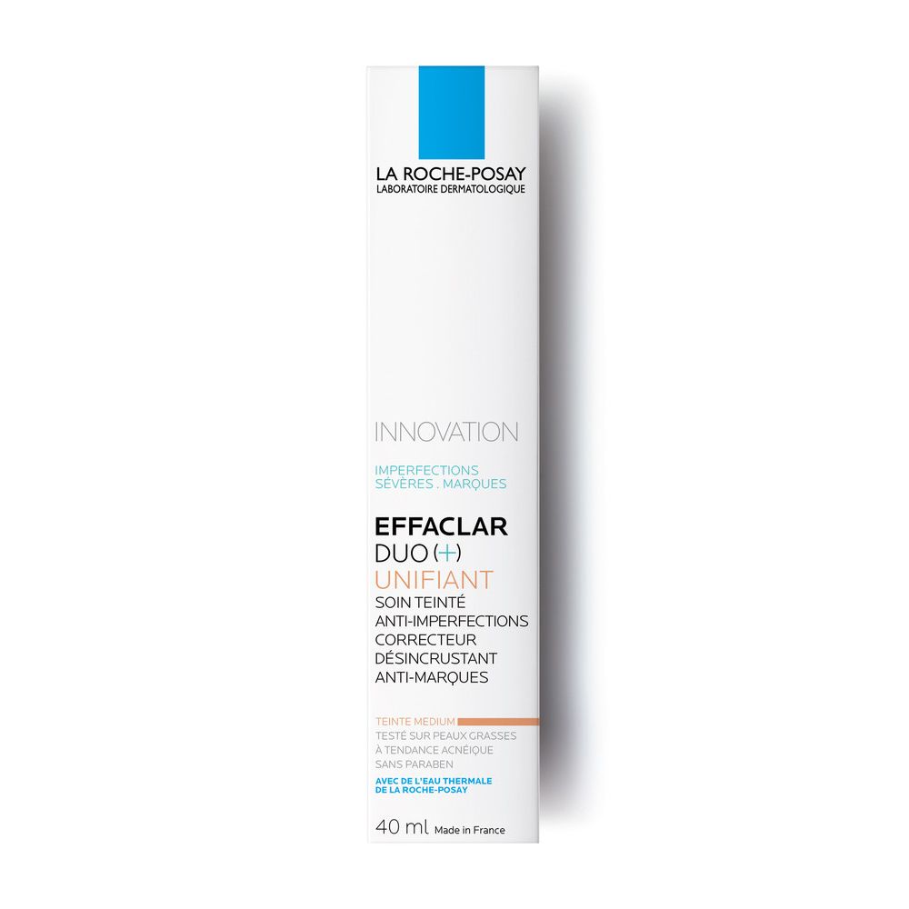 Confezione bianca La Roche-Posay Effaclar Duo(+) Unifiant. Marchio blu. Testo: Anti-imperfezioni, 40 ml.
