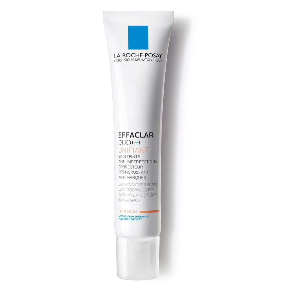 Tubo bianco La Roche-Posay Effaclar Duo(+) Unifiant. Marchio blu. Testo: Anti-imperfezioni, trattamento colorato.