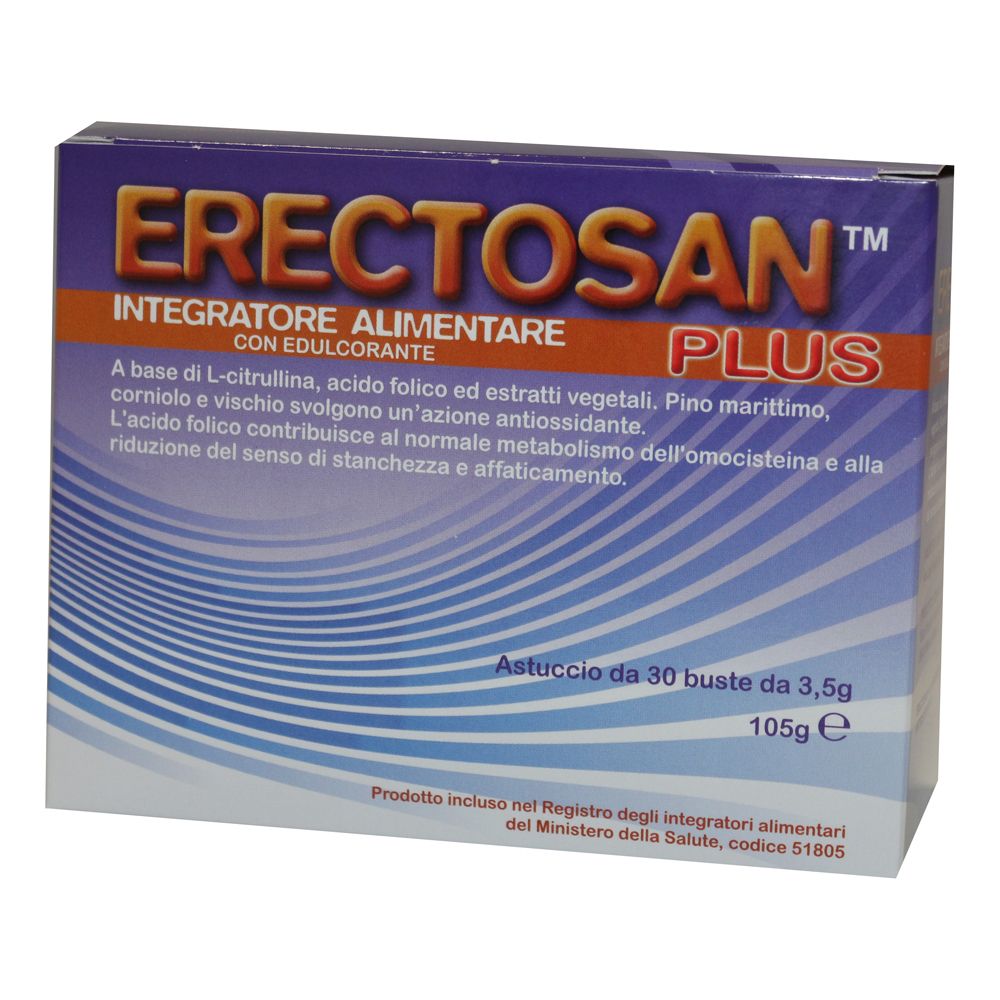 Confezione di Erectosan Plus. Scatola blu e arancione con nome del prodotto e informazioni.