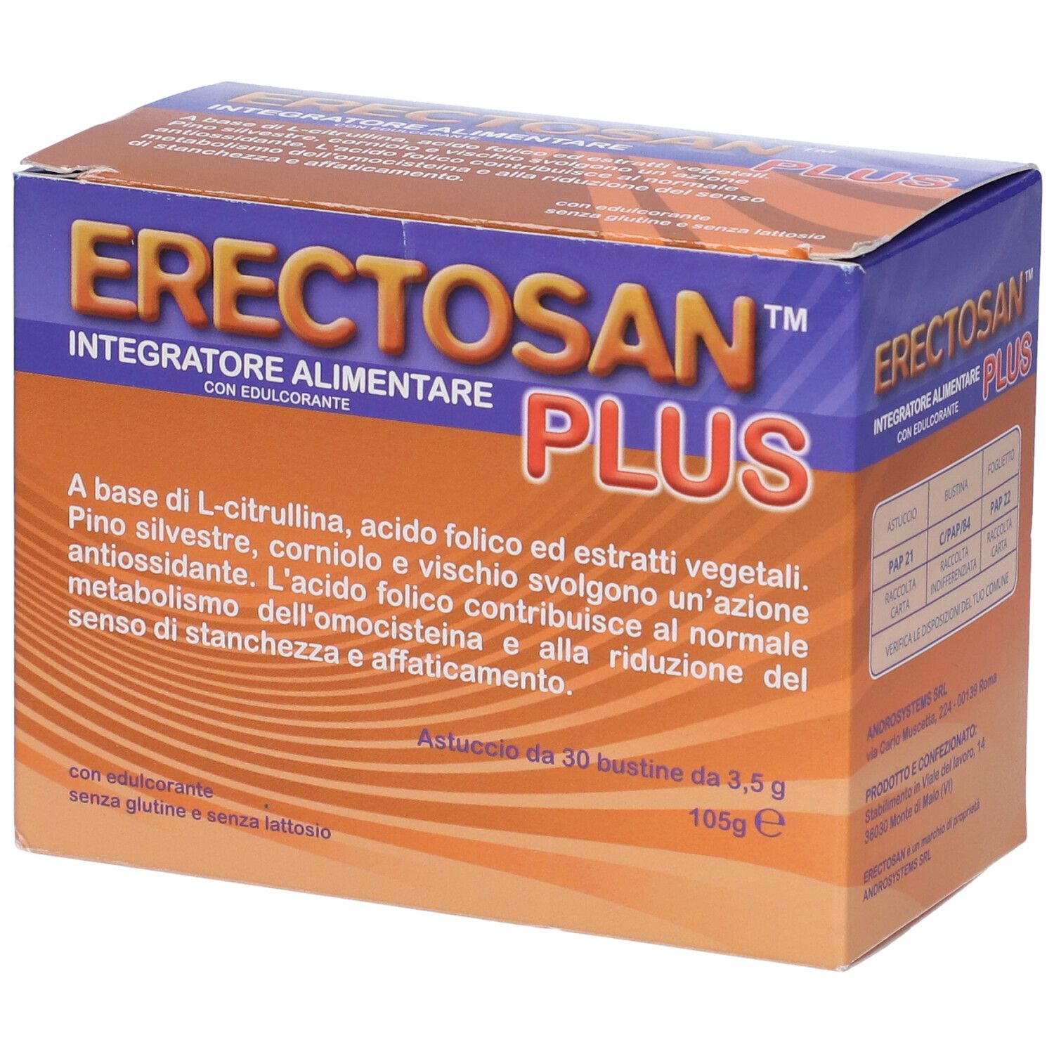 Confezione di Erectosan Plus. Scatola blu e arancione con nome del prodotto e informazioni.