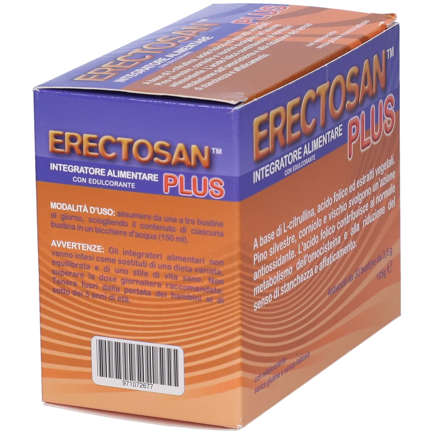 Confezione di Erectosan Plus. Scatola blu e arancione con nome del prodotto e informazioni.