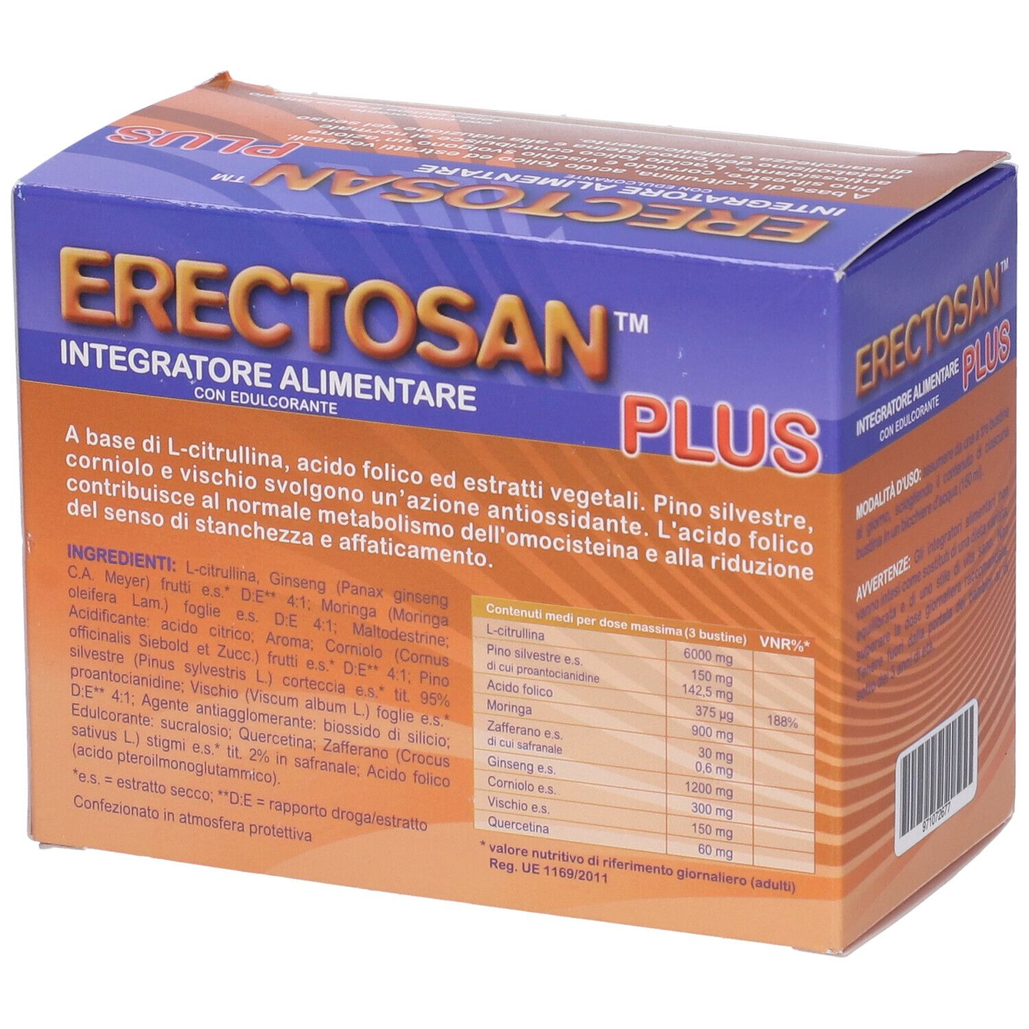 Confezione di Erectosan Plus. Scatola blu e arancione con nome del prodotto e informazioni.