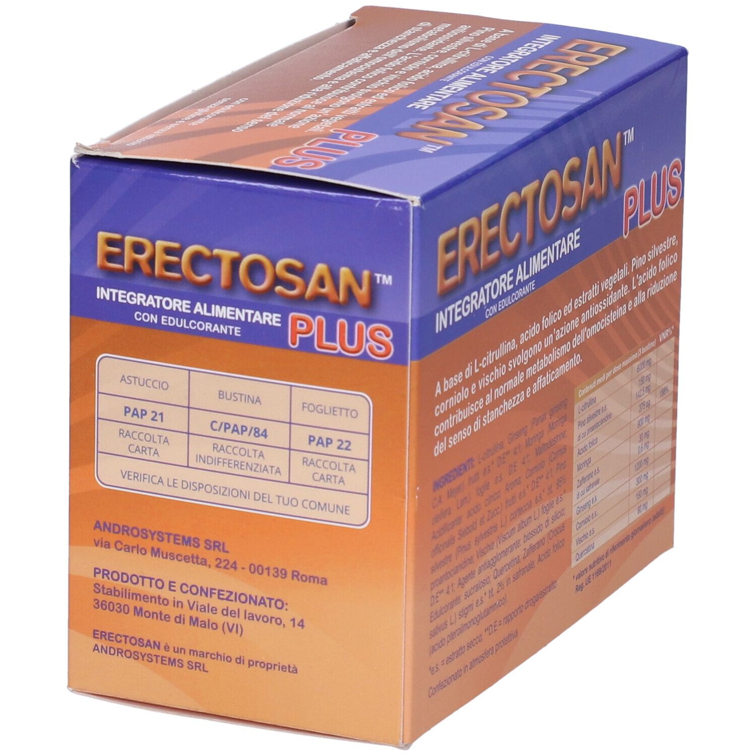 Confezione di Erectosan Plus. Scatola blu e arancione con nome del prodotto e informazioni.