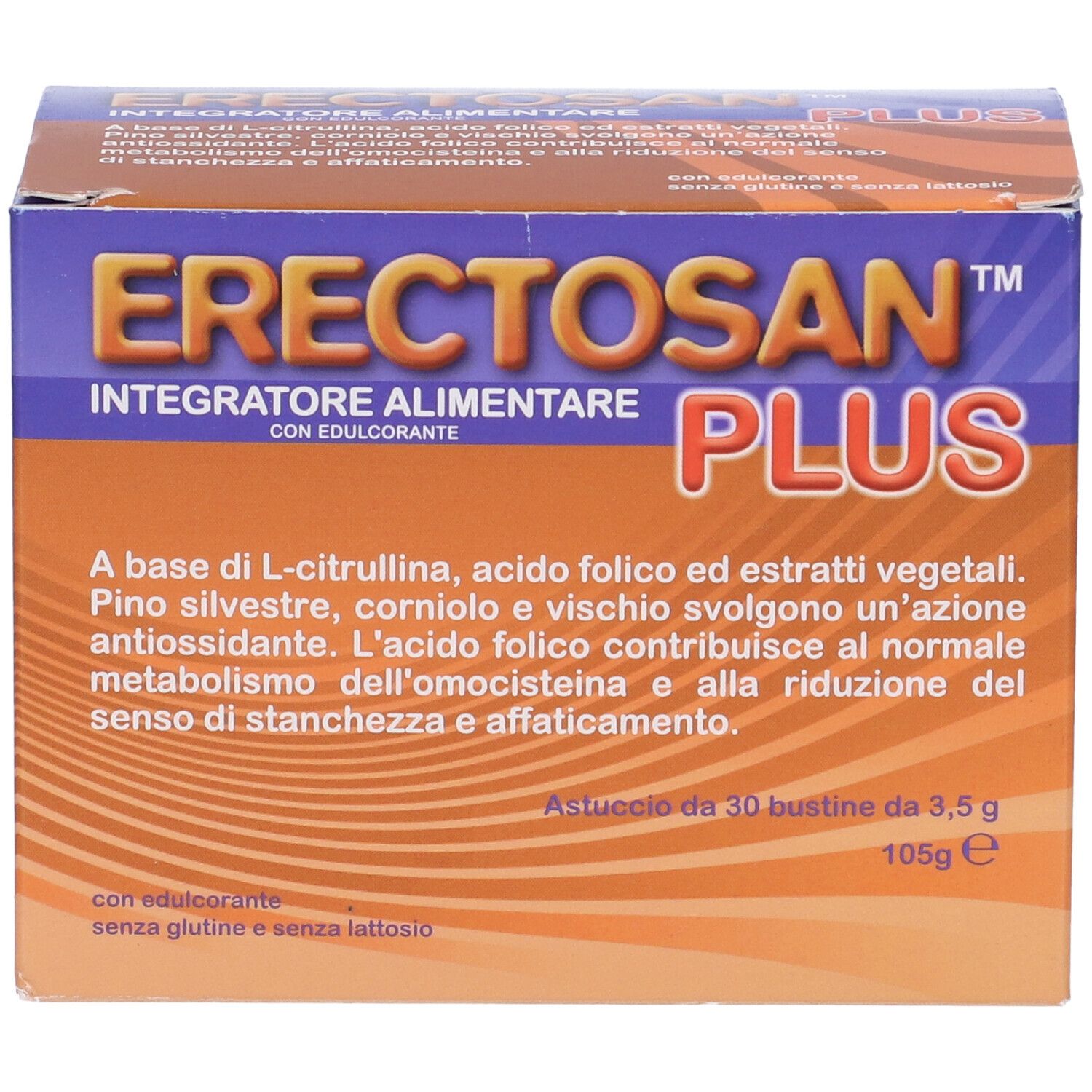 Confezione di Erectosan Plus. Scatola blu e arancione con nome del prodotto e informazioni.