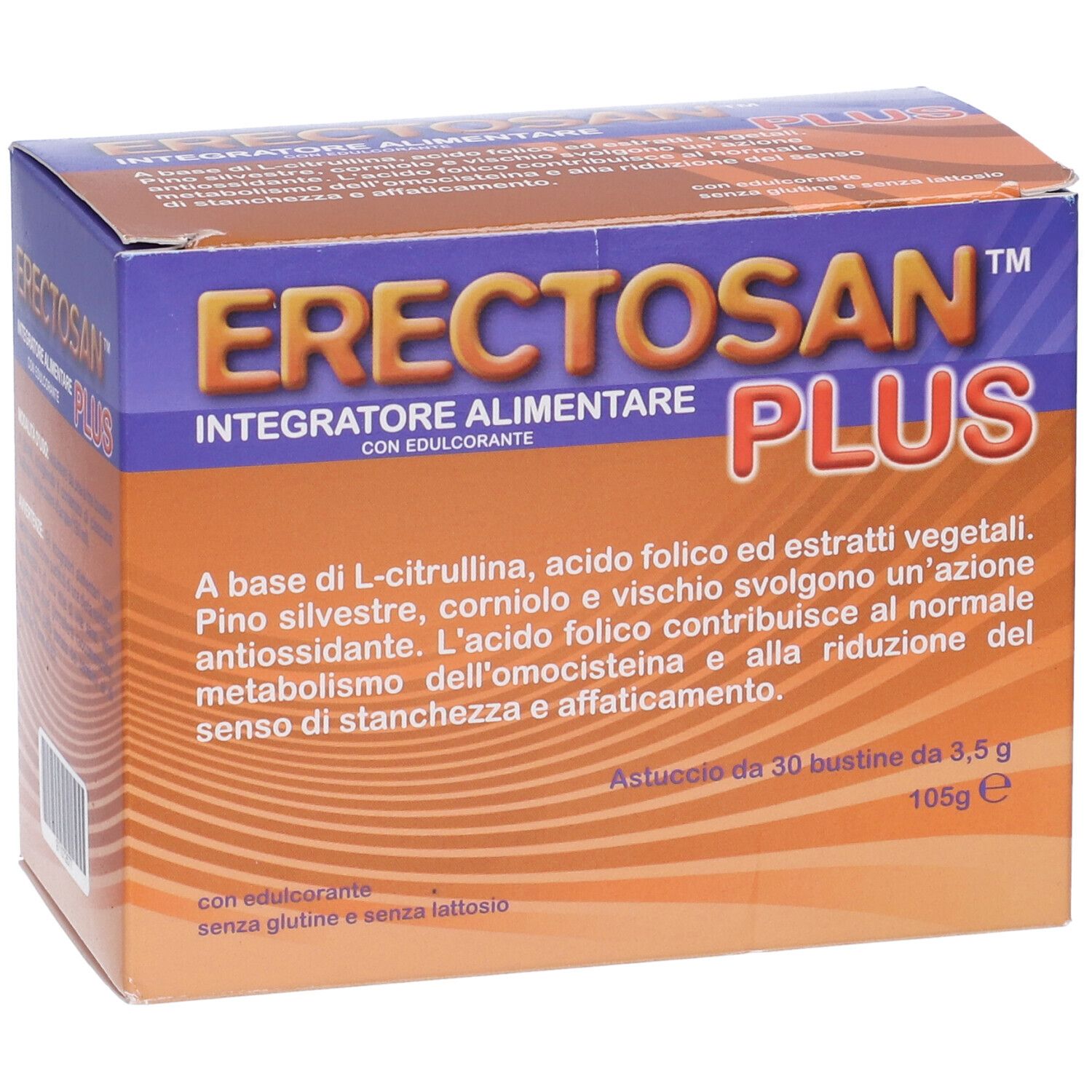 Confezione di Erectosan Plus. Scatola blu e arancione con nome del prodotto e informazioni.