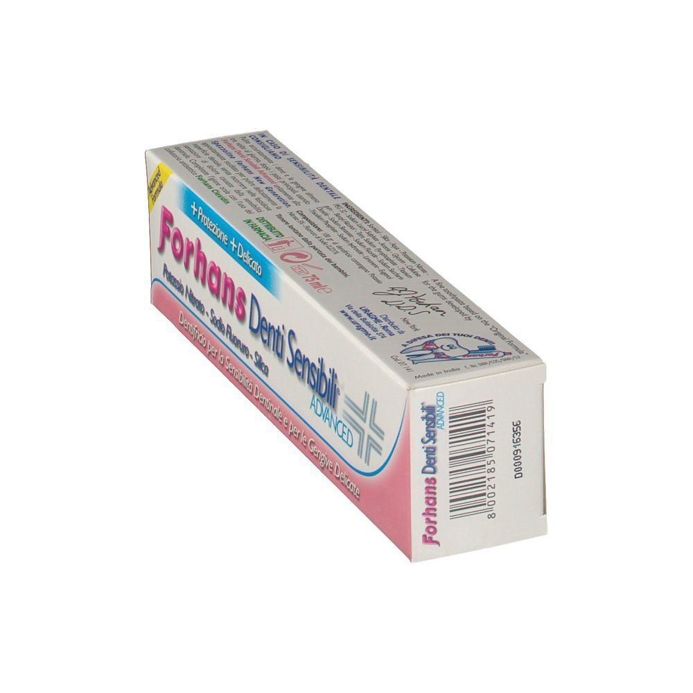 Schachtel mit Zahnpasta. Aufschrift: Forhans Denti Sensibili. Rosa und weiße Verpackung.