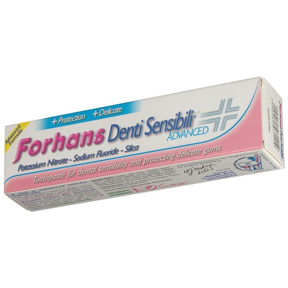Schachtel mit Zahnpasta. Aufschrift: Forhans Denti Sensibili. Rosa und weiße Verpackung.