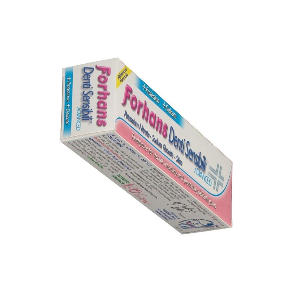Schachtel mit Zahnpasta. Aufschrift: Forhans Denti Sensibili. Rosa und weiße Verpackung.
