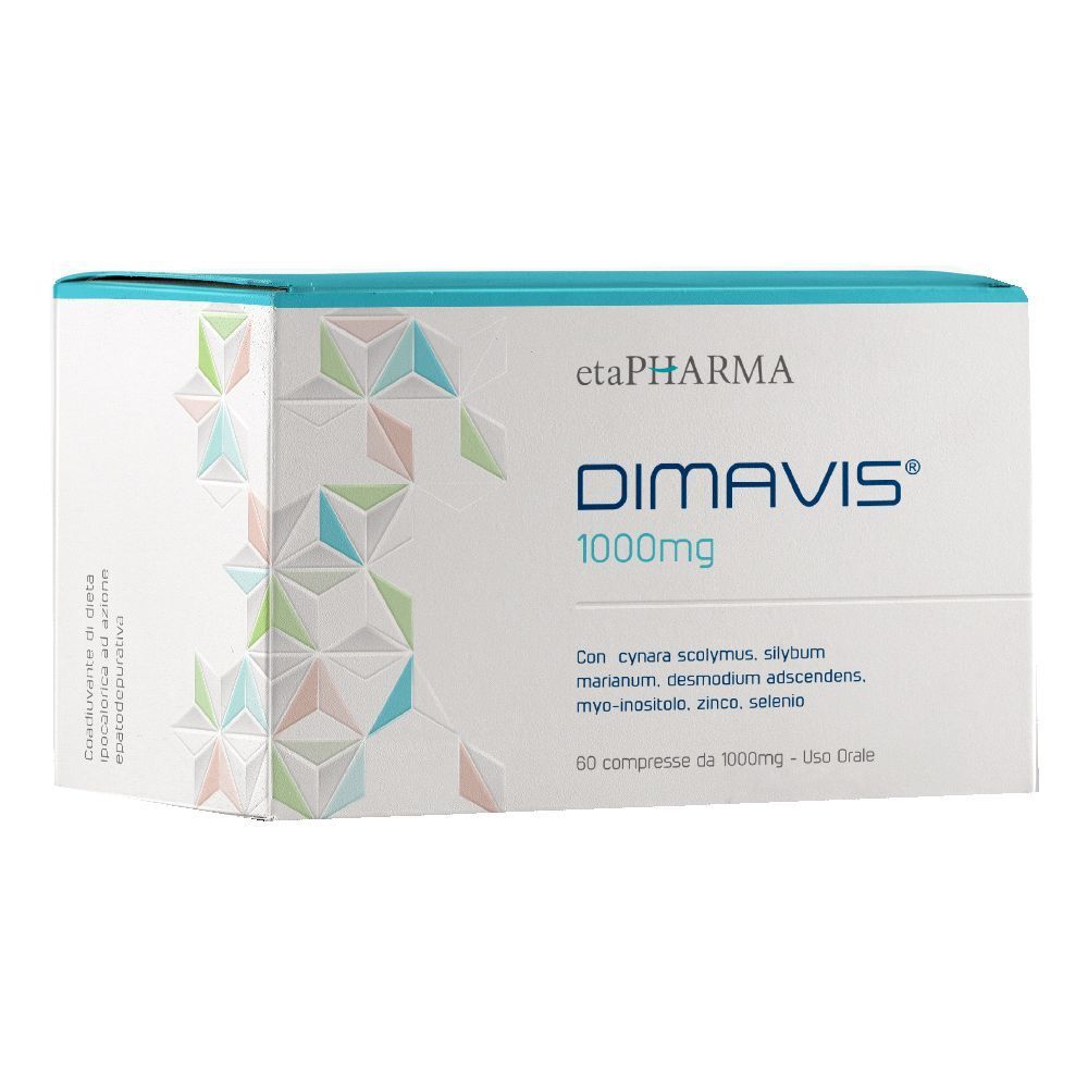 Scatola di compresse "DIMAVIS 1000mg". Contiene 60 compresse. Marchio: etaPHARMA. Ingredienti visibili: cynara scolymus, silybum...