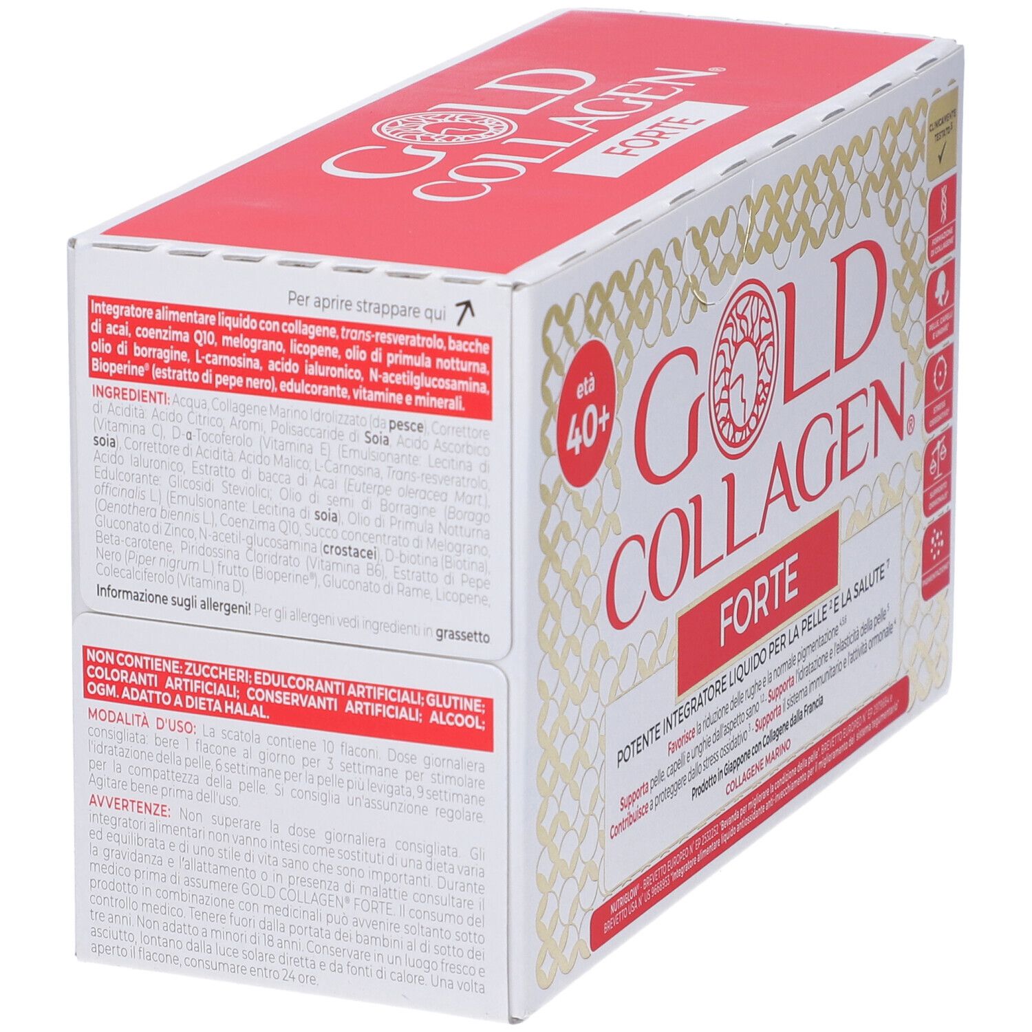Gold Collagen Forte-Box mit Inhaltsangaben und Zutaten. Rote und goldene Verpackung.
