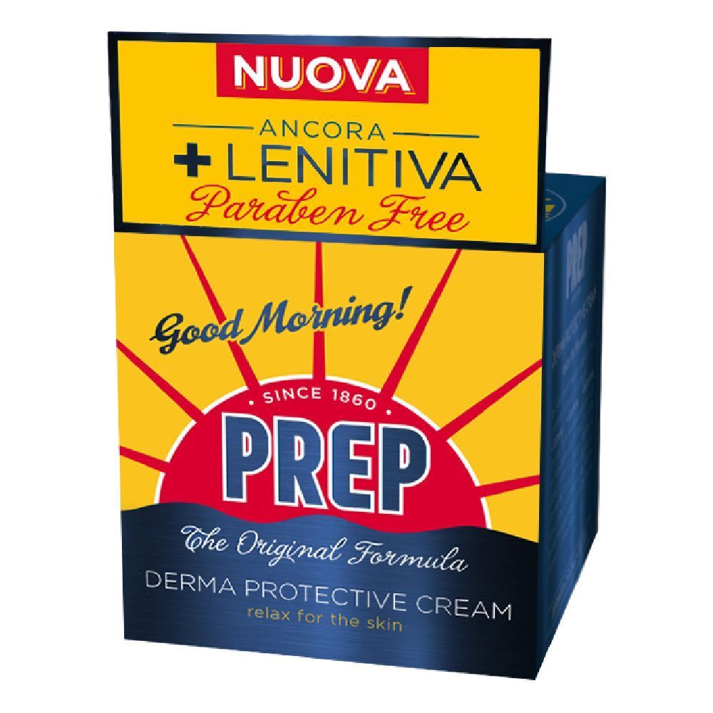 Boîte jaune et bleue avec logo PREP et texte. Contient 'Derma Protective Cream'.