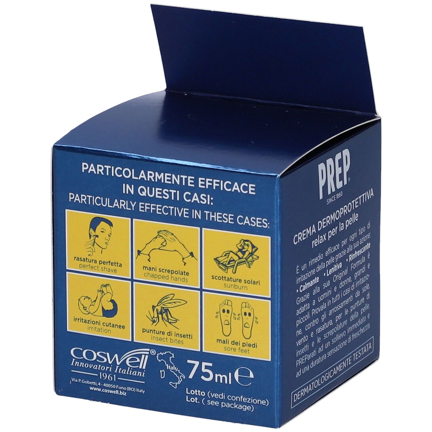 Boîte bleue ouverte avec logo PREP et texte. Contient 'Derma Protective Cream'.