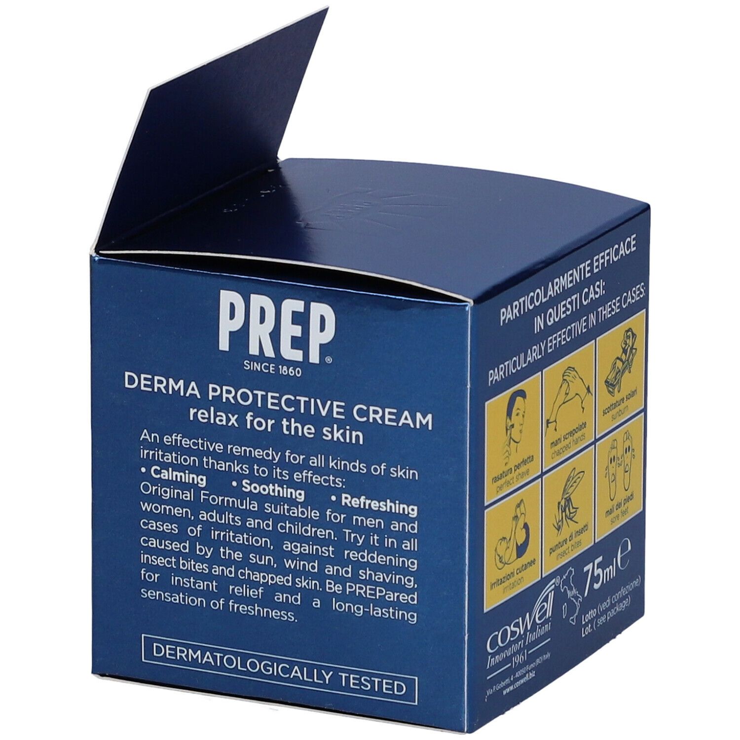 Boîte bleue ouverte avec logo PREP et texte. Contient 'Derma Protective Cream'.