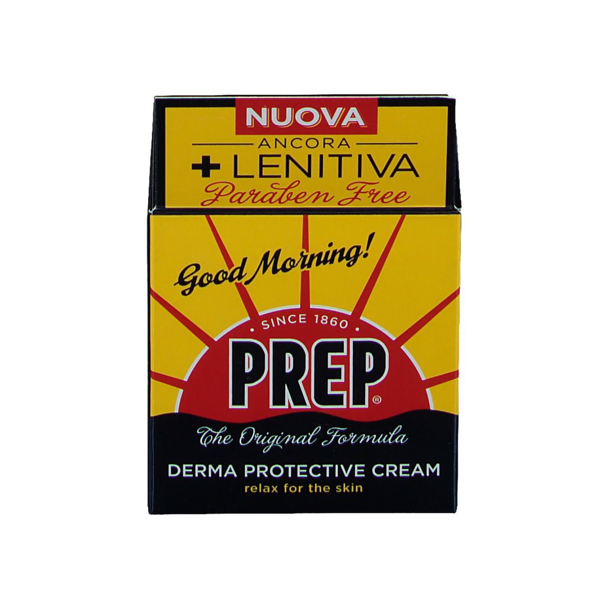 Boîte jaune et bleue avec logo PREP et texte. Contient 'Derma Protective Cream'.