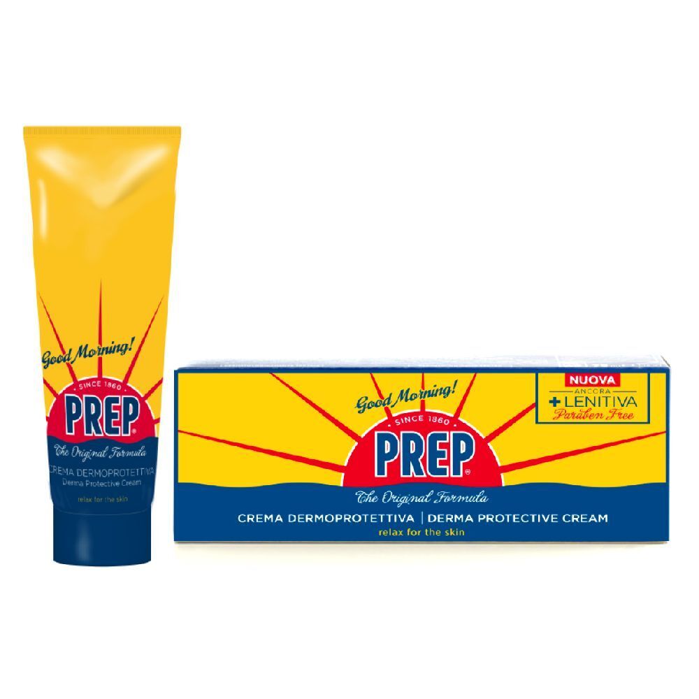 Tubo e scatola gialli con logo PREP. Scritta: Crema Dermoprotettiva. Motivo sole e testo: Good Morning!
