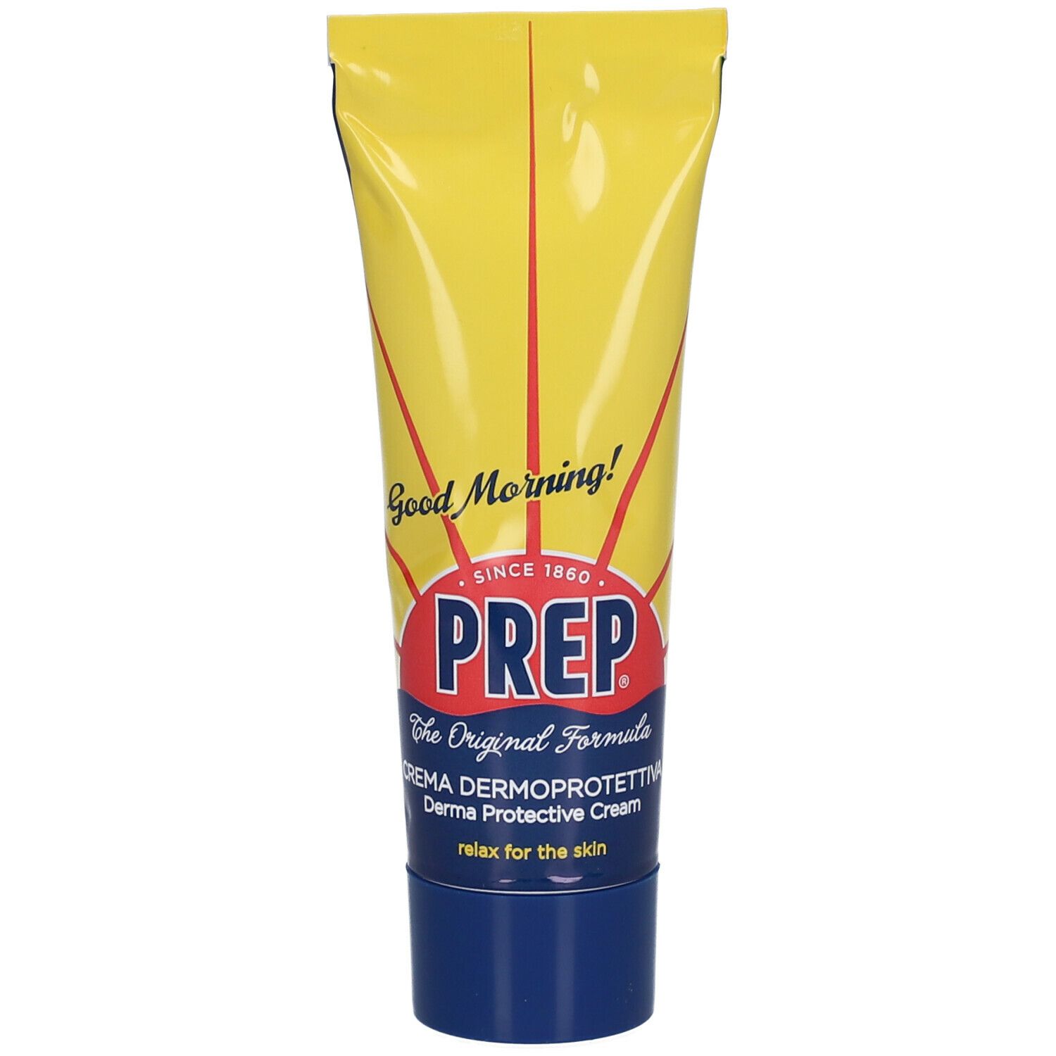 Tubo giallo con logo PREP. Scritta: Crema Dermoprotettiva. Motivo sole e testo: Good Morning!