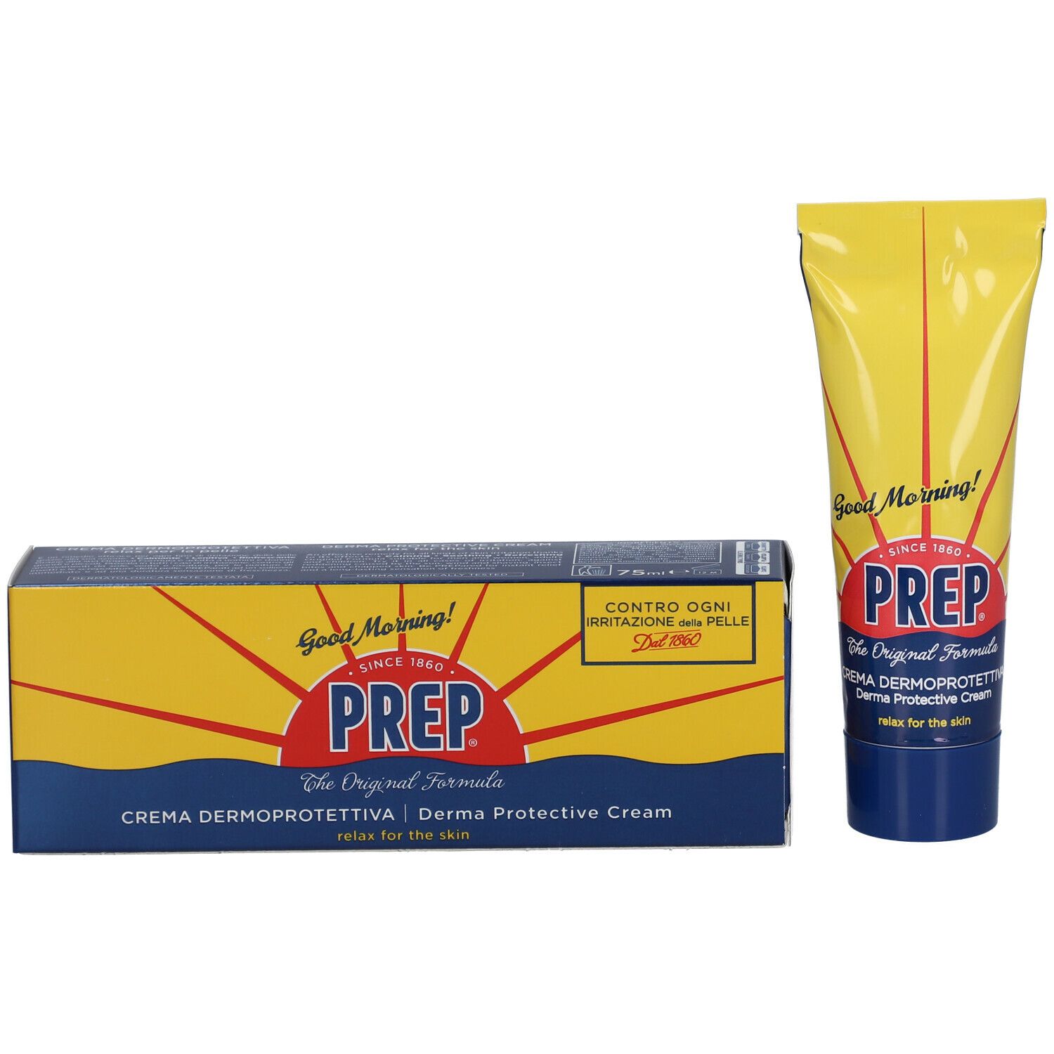Scatola e tubo gialli con logo PREP. Scritta: Crema Dermoprotettiva. Motivo sole e testo: Good Morning!