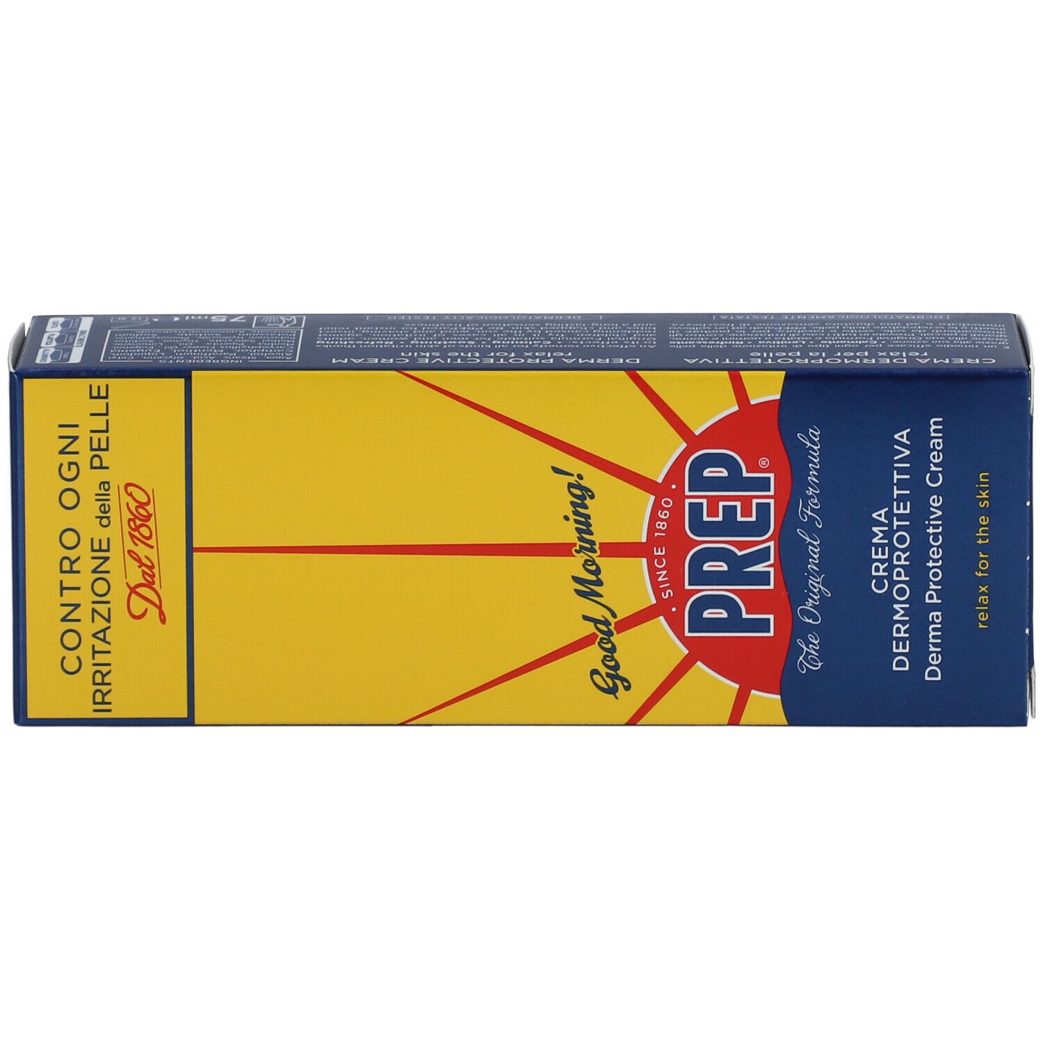 Scatola gialla con logo PREP. Scritta: Crema Dermoprotettiva. Motivo sole e testo: Good Morning! Testo: Contro ogni irritazione della pelle.