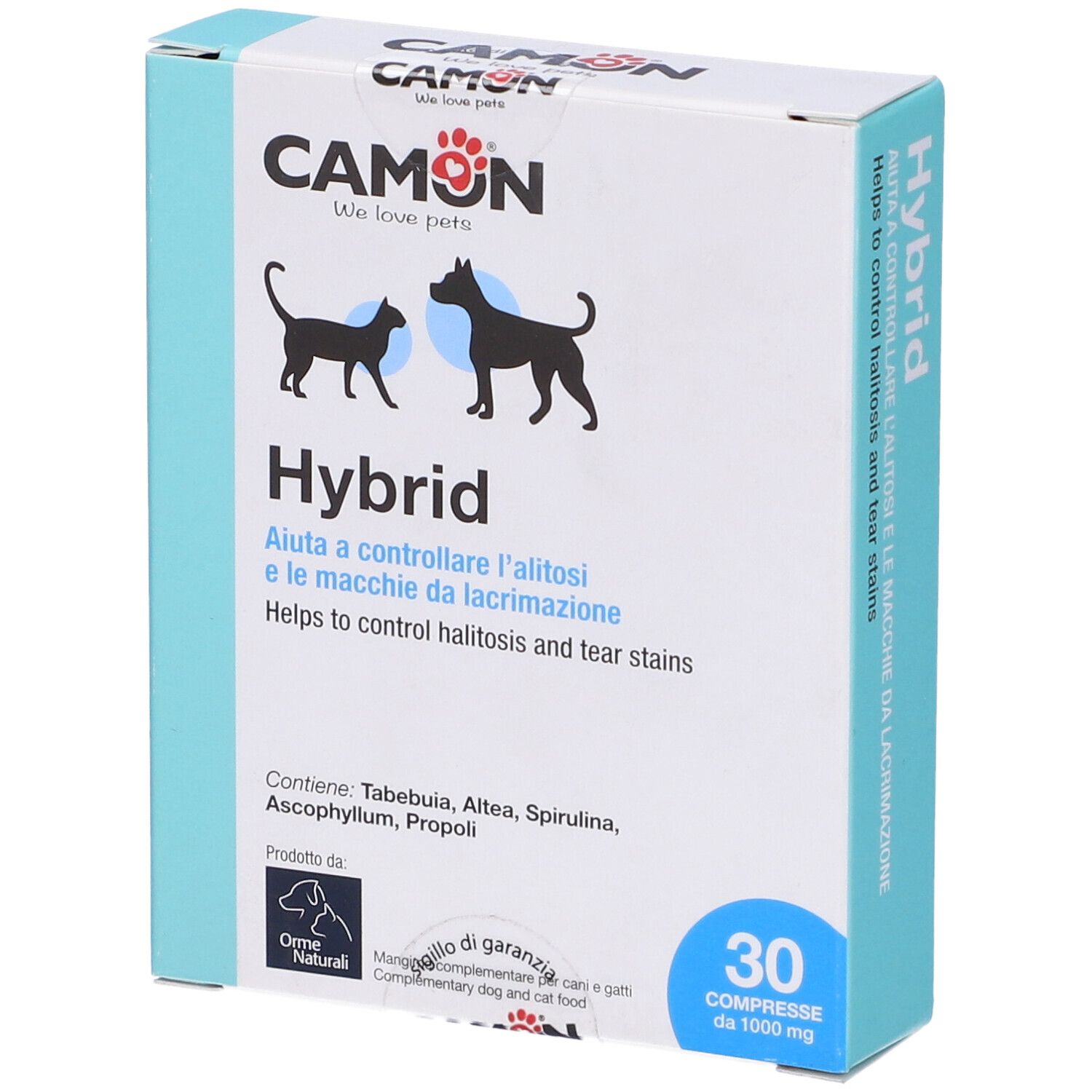 Karton mit Produktnamen Hybrid, Marke Camon. Enthält 30 Tabletten. Hilft bei Mundgeruch und Tränenflecken bei Haustieren.