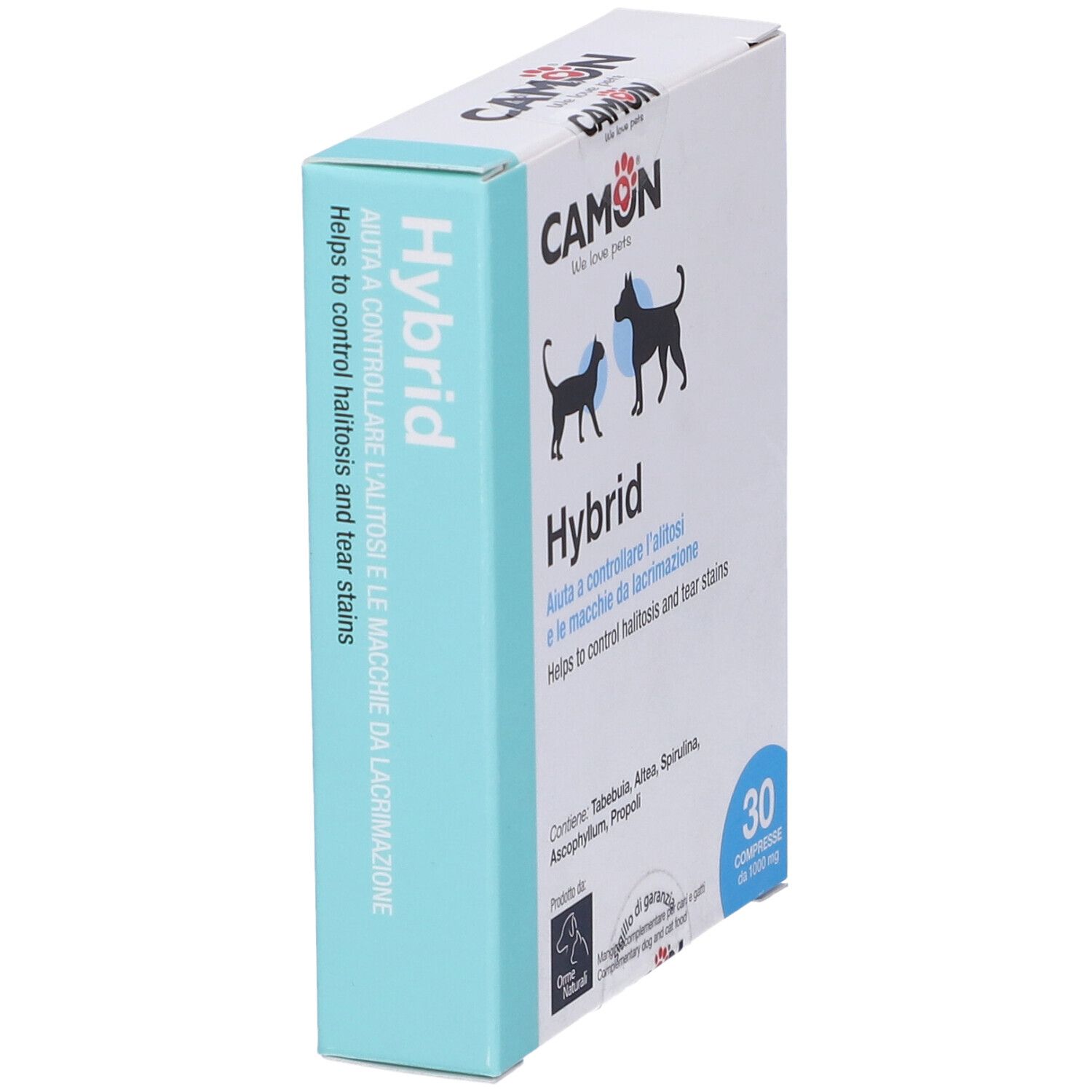 Camon Hybrid-Verpackung, schräg. Text: Hilft bei Mundgeruch und Tränenflecken. Enthält 30 Tabletten. Marke Camon.