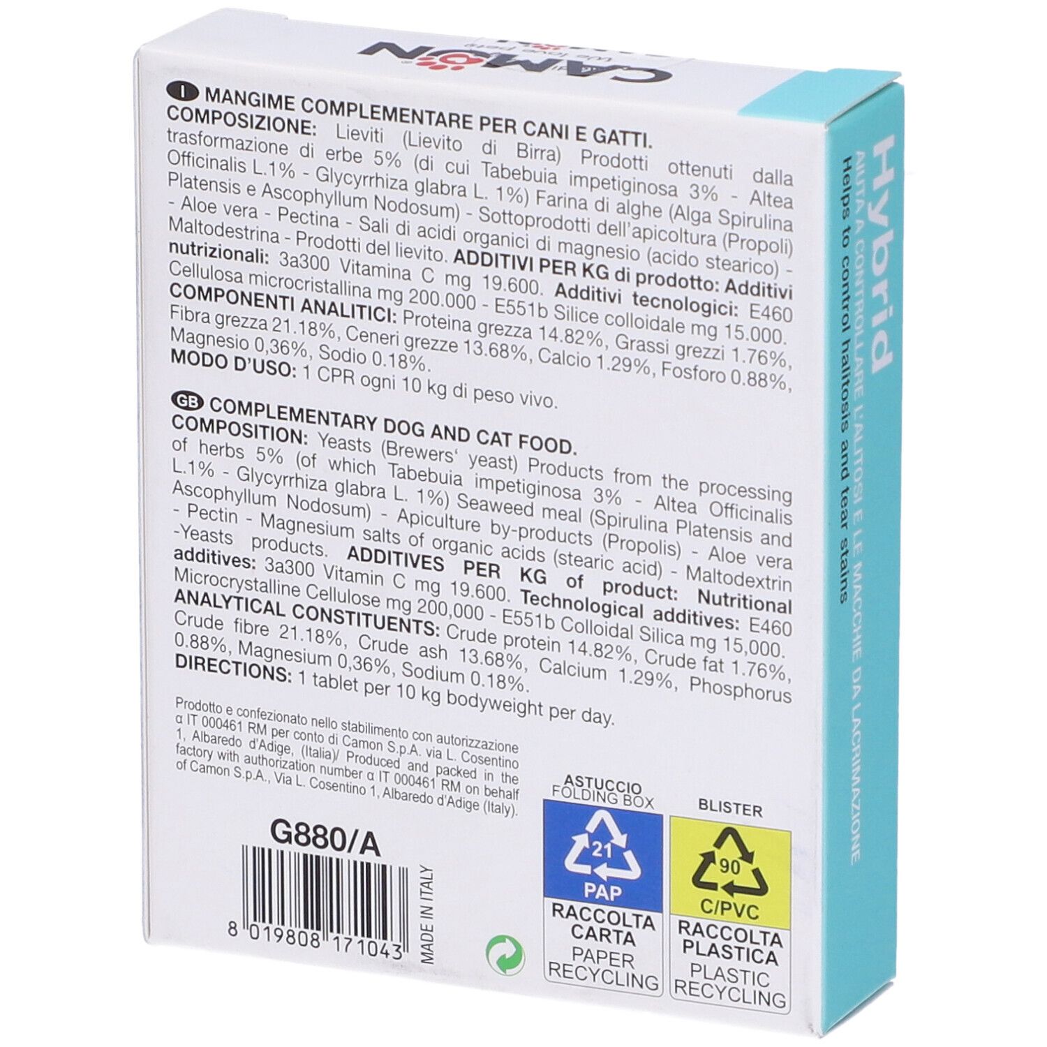 Rückseite der Hybrid-Verpackung. Text: Ergänzungsfuttermittel für Hunde und Katzen. Inhaltsstoffe und analytische Bestandteile.